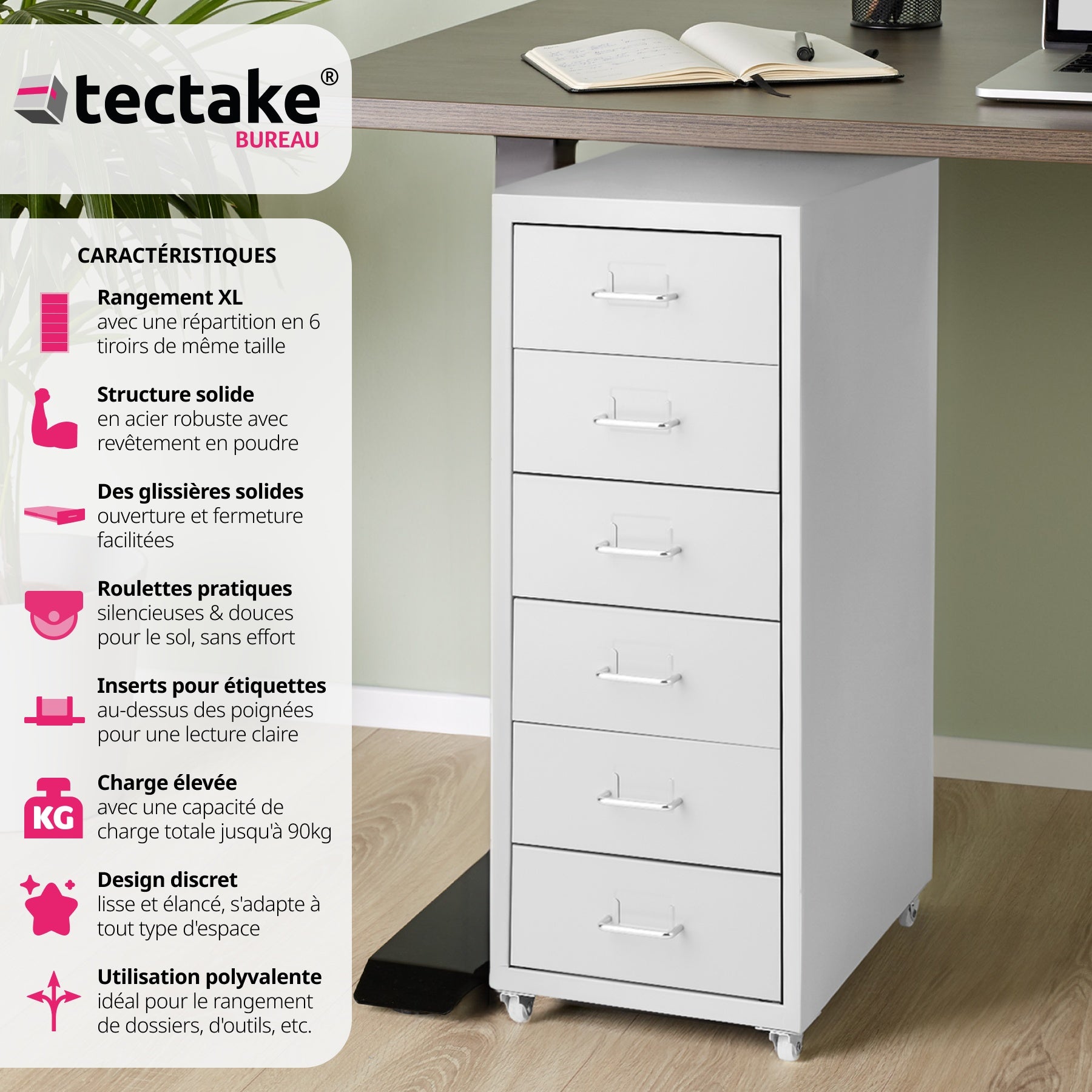 Caisson de bureau roulant en métal 41x28x69cm en acier TECTAKE - 2
