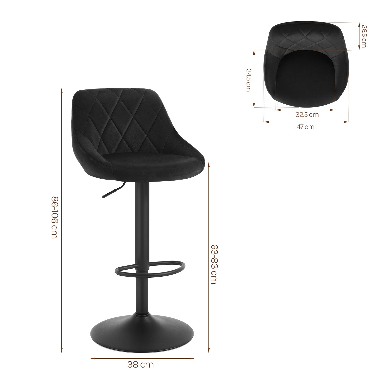 Lot de 2 Tabourets de bar WOLTU, siège bien rembourré en velours, Chaises de bar Hauteur réglable, Noir - 3