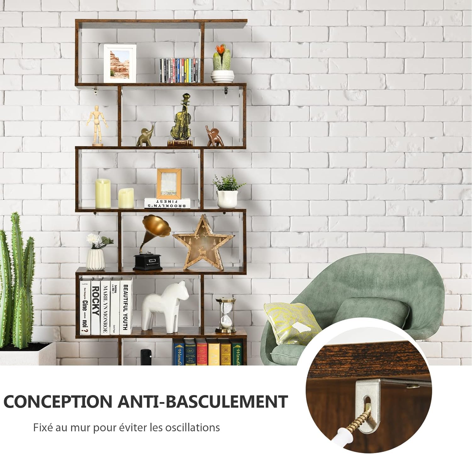 Bibliothèque en Forme S, 80 x 23 x 191 cm Étagère de Rangement à 6 Niveaux, Style Moderne Industriel avec Dispositif Anti-Basculemen, Café - 5