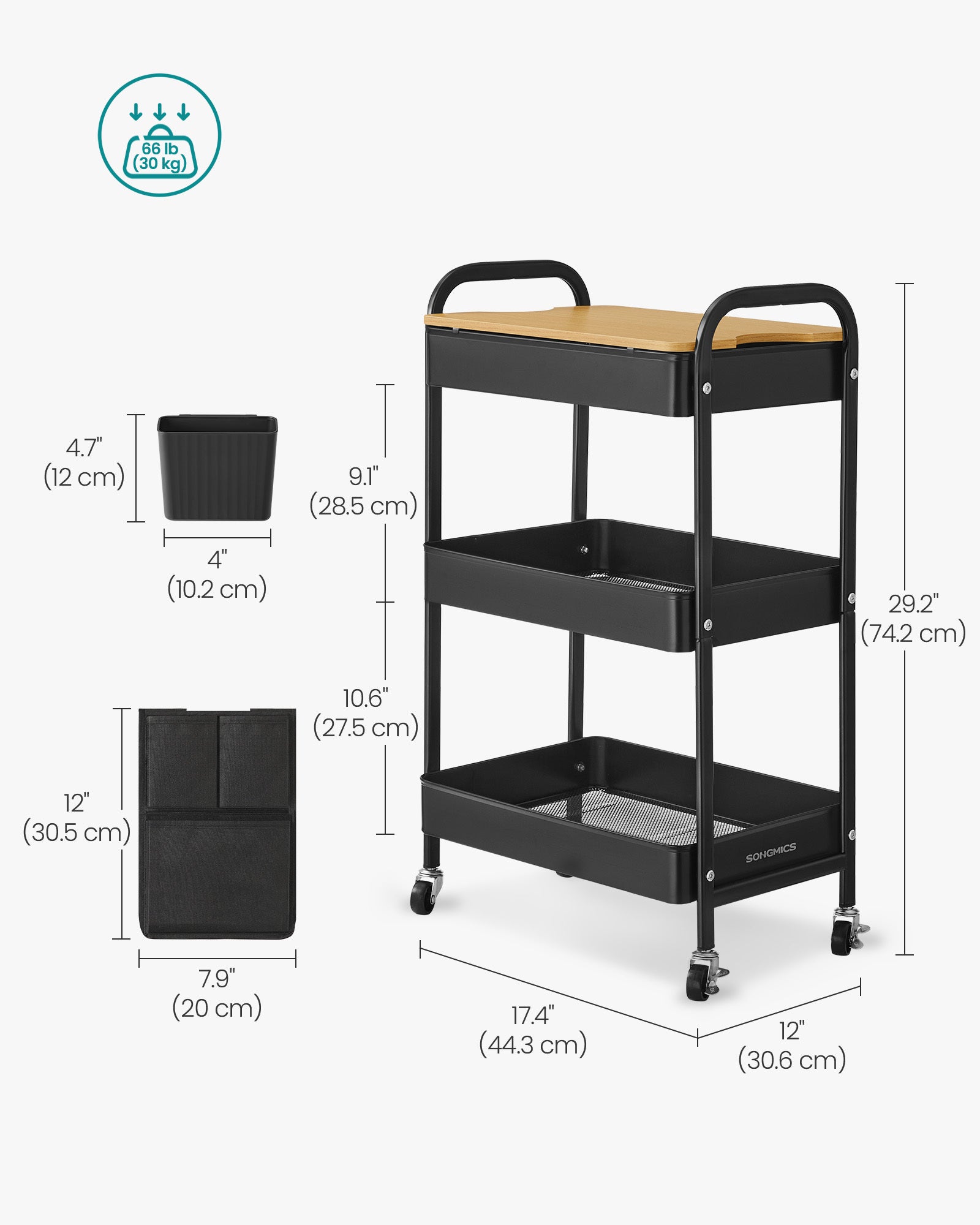 Chariot de Rangement à 3 Niveaux, Chariot Roulant avec Table Supérieure, 2 Pots Amovibles, 6 Poches Latérales, Noir d’Encre - 4