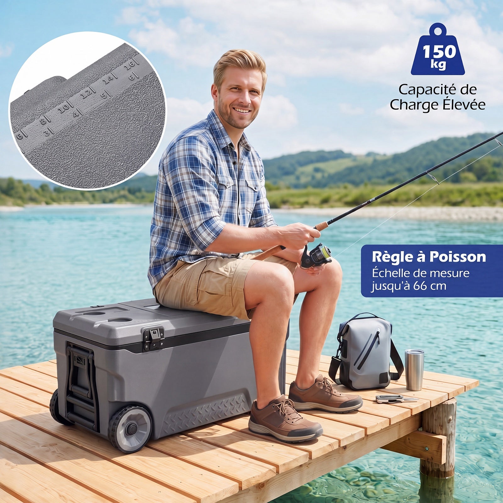 Glacière, Poignées et Roulettes Transport, Glacière Portable de 70L, Orifice de Sortie, Emplacement du Gobelet, Garder la Glace Jusqu'à 6 Jours, Gris - 9