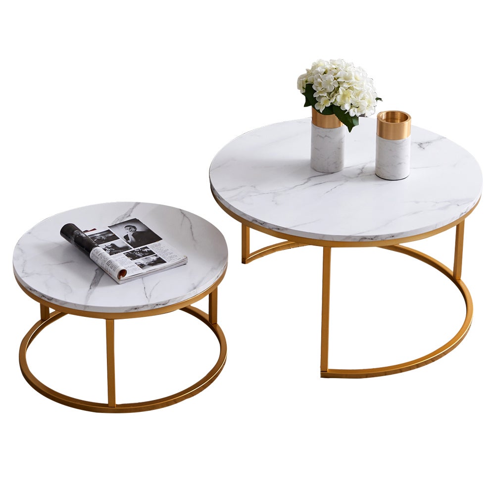 Lot de 2 Tables Basses Gigognes, Table d'appoint Ronde avec Plateau en Marbre Texturé et Cadre en Métal, Bout de canapé pour Salon, Chambre, Doré - 9