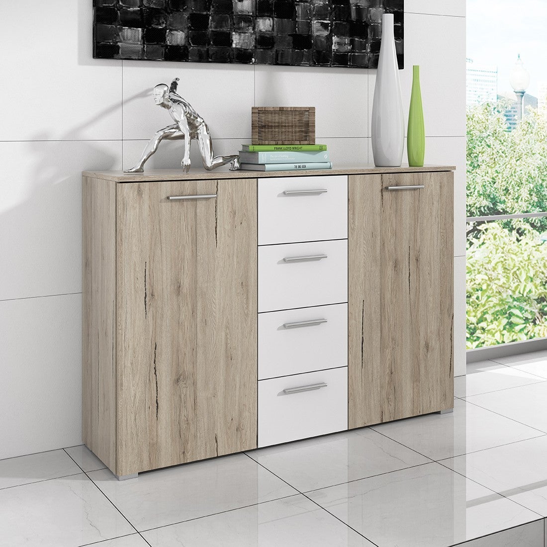 Commode design 2 portes et 4 tiroirs 130cm. Collection EOS coloris chêne clair et blanc - 4