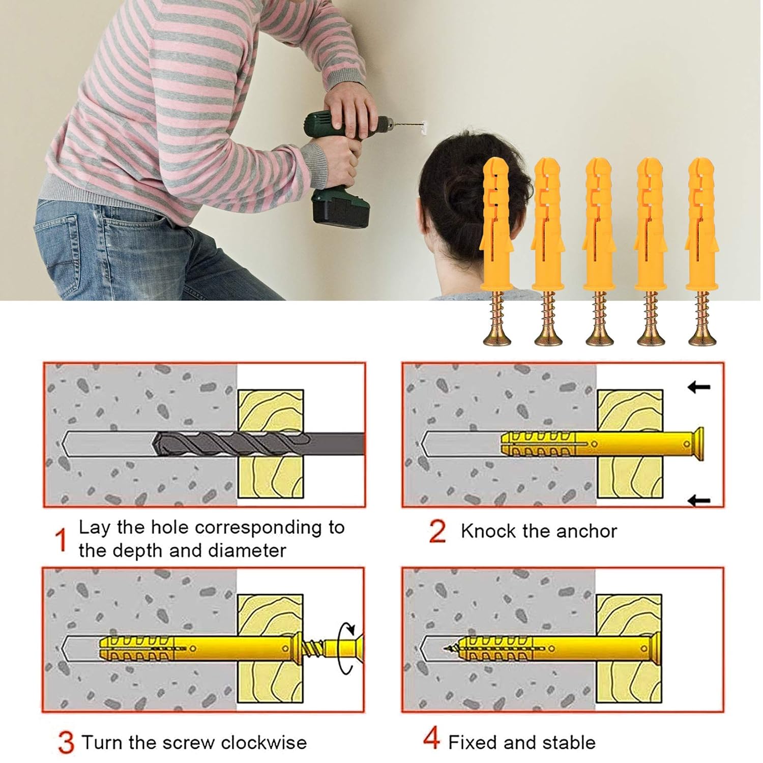 Lot de 50 vis et chevilles pour mur de maçonnerie, brique, béton, vis sans tête autotaraudeuses pour cloison sèche, boulons d'ancrage mural–M8 x 40 mm - 4