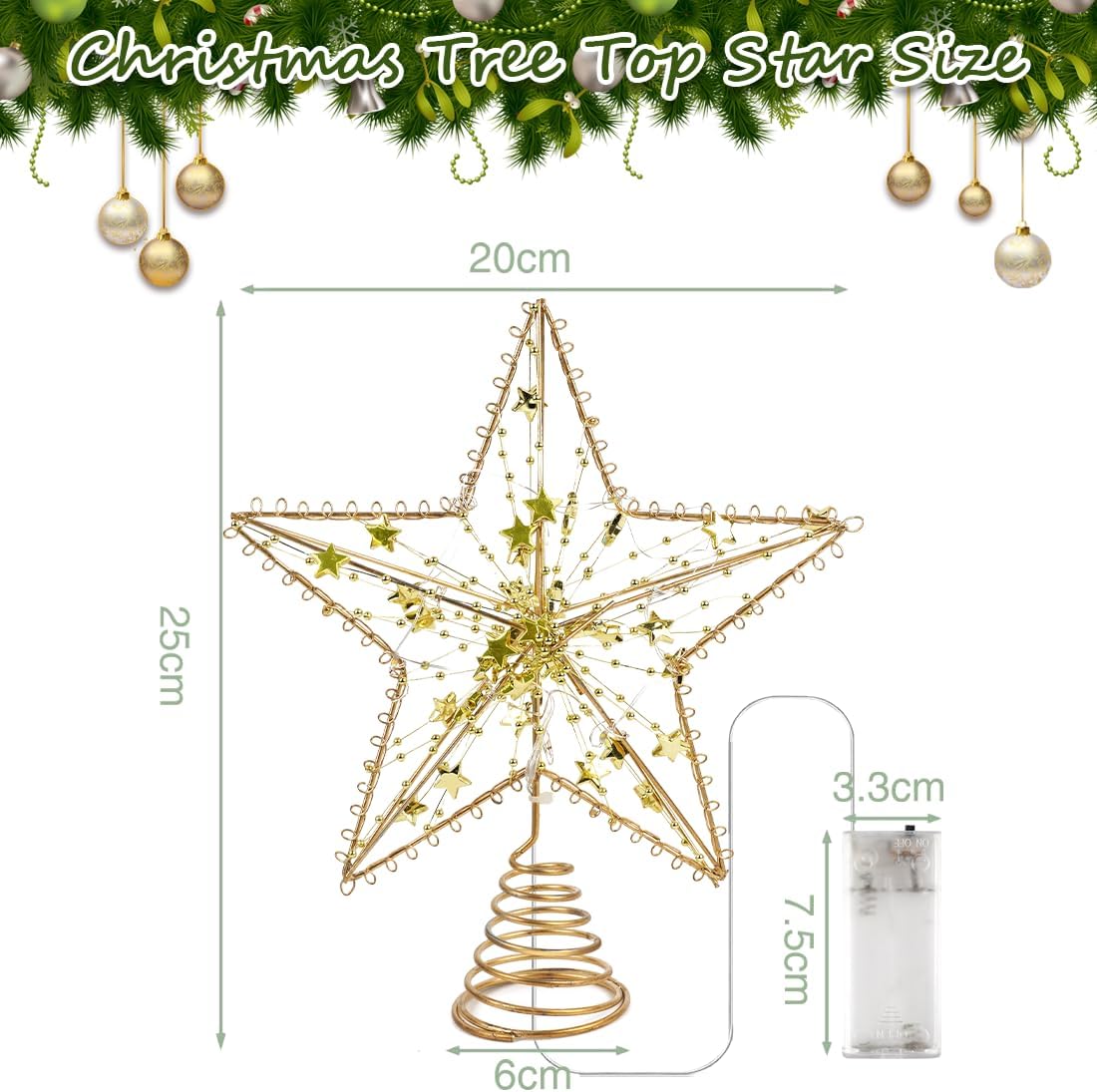 Étoile De Sapin De Noël En Or - Topper 25x21 Cm Avec Base à Ressort - Décoration Scintillante Pour Noël - 7
