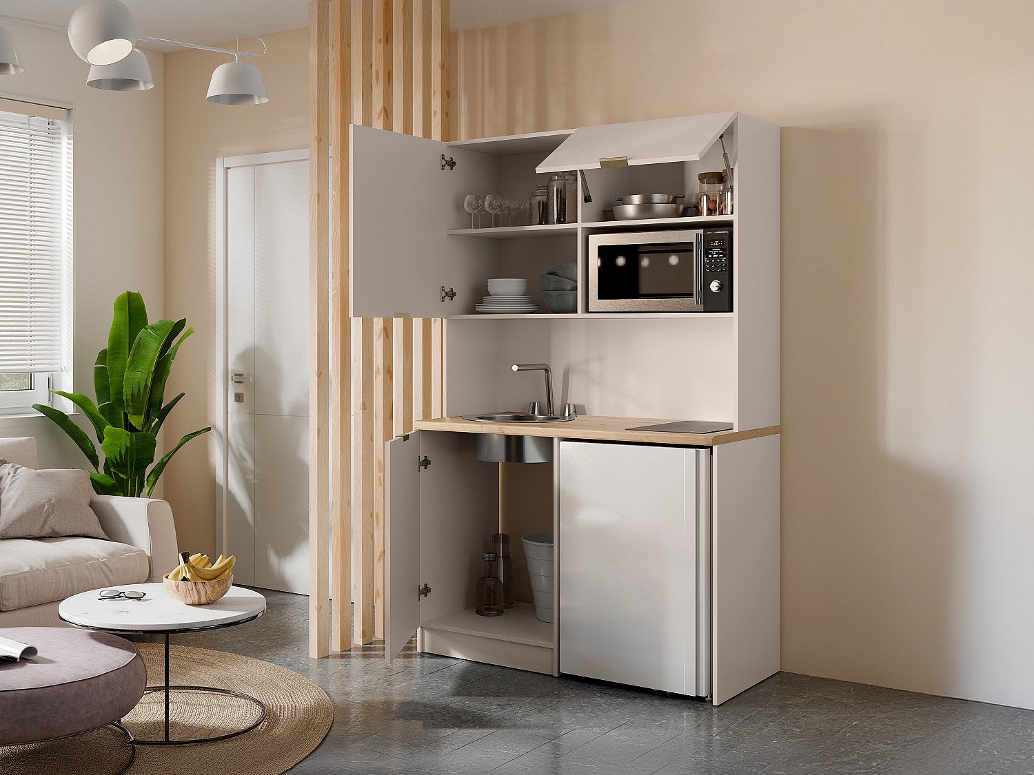Mobile multifunzione angolo cottura e lavanderia - Con piano di lavoro 120 cm - Beige e naturale - CARMEO - 6