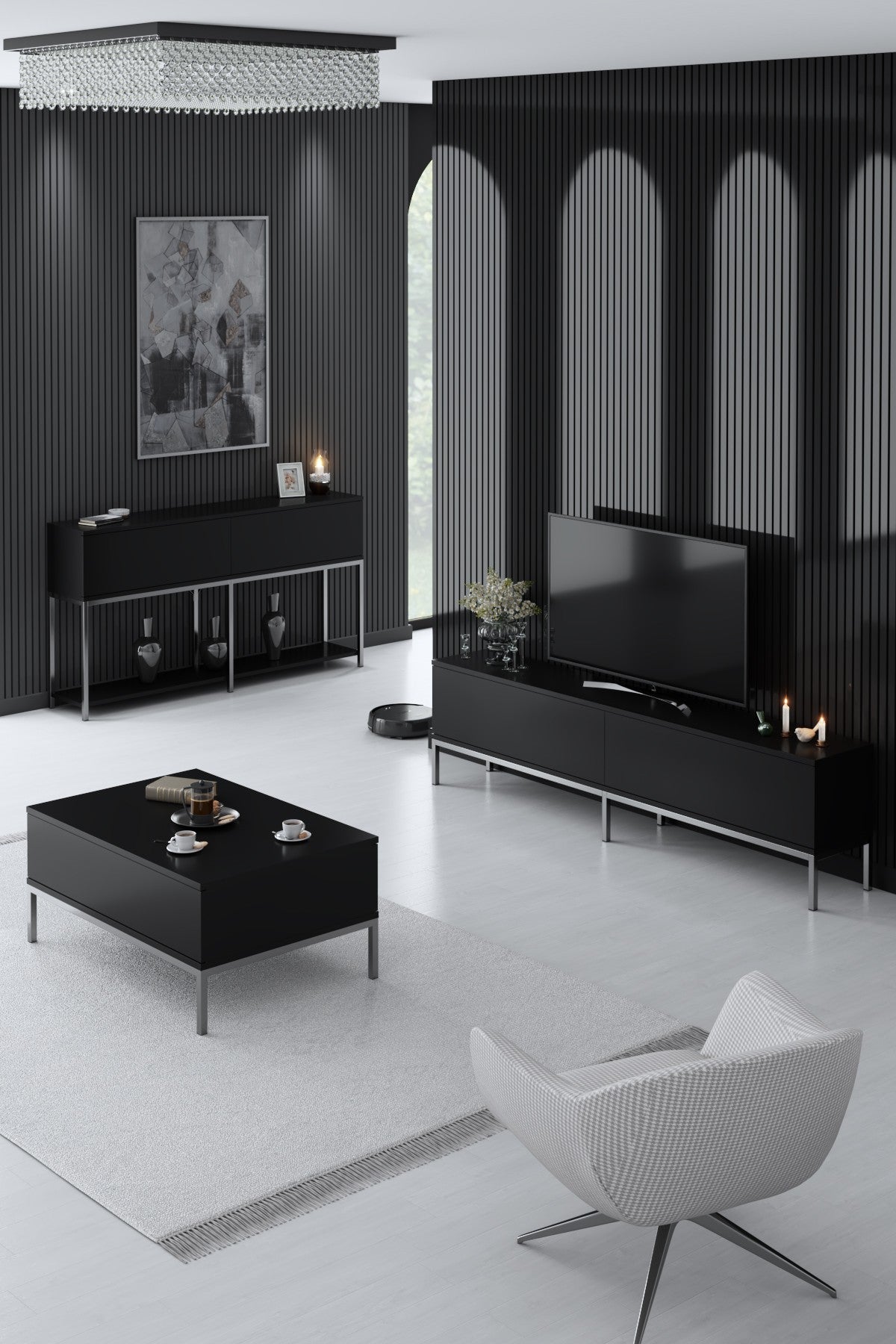 Elegante conjunto de muebles de salón en negro y plata Tablero