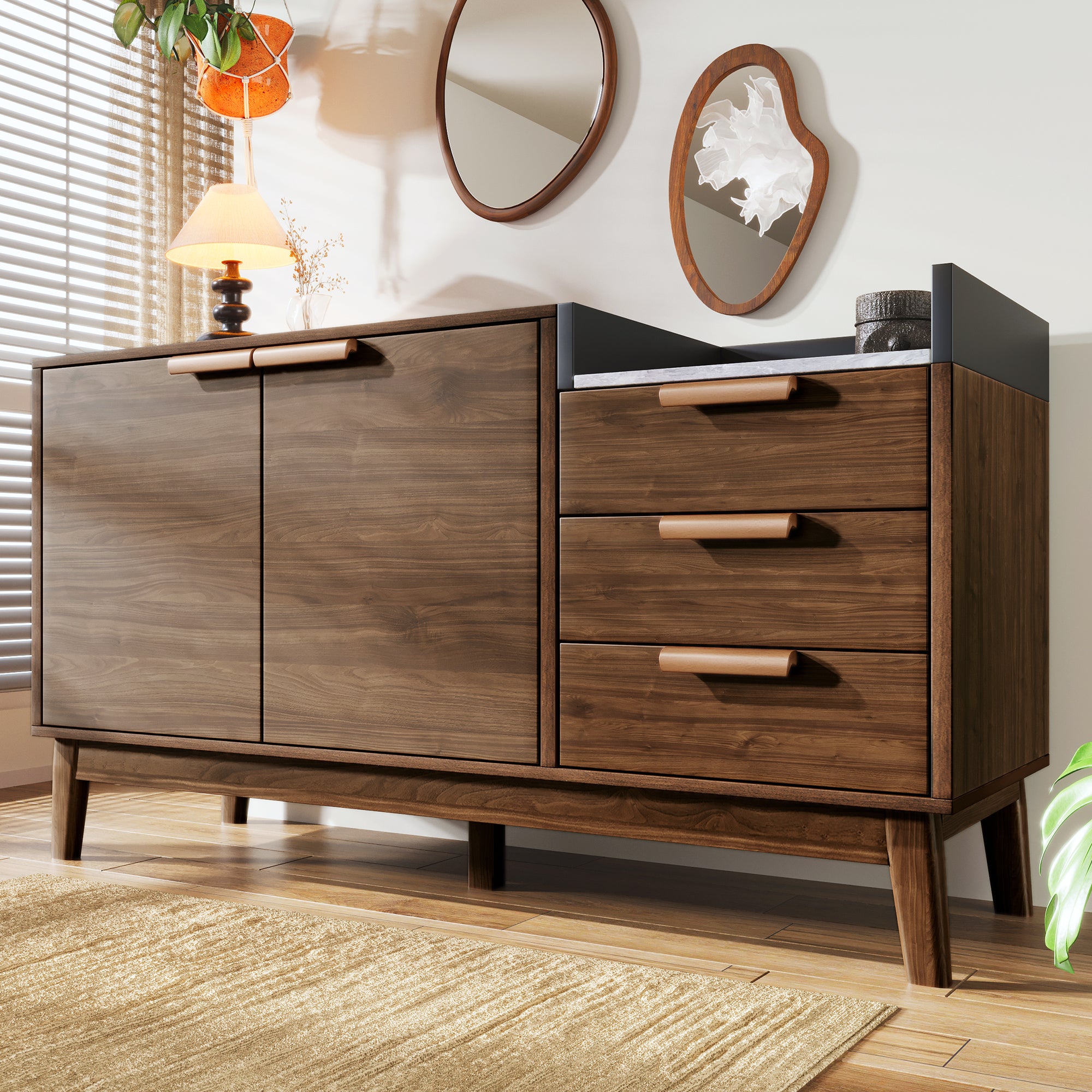 Komoda z 2 drzwiami, 3 szufladami i blatem imitującym marmur - 120 x 40 x 77 cm - MDF + lite drewno - Ciemny dąb - 3