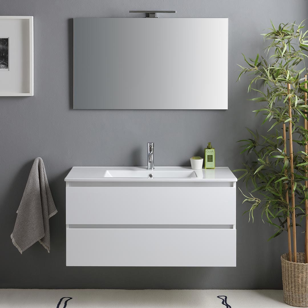 Meuble de salle de bain avec tiroirs 100cm blanc brillant, lavabo et miroir | Benaco - 2