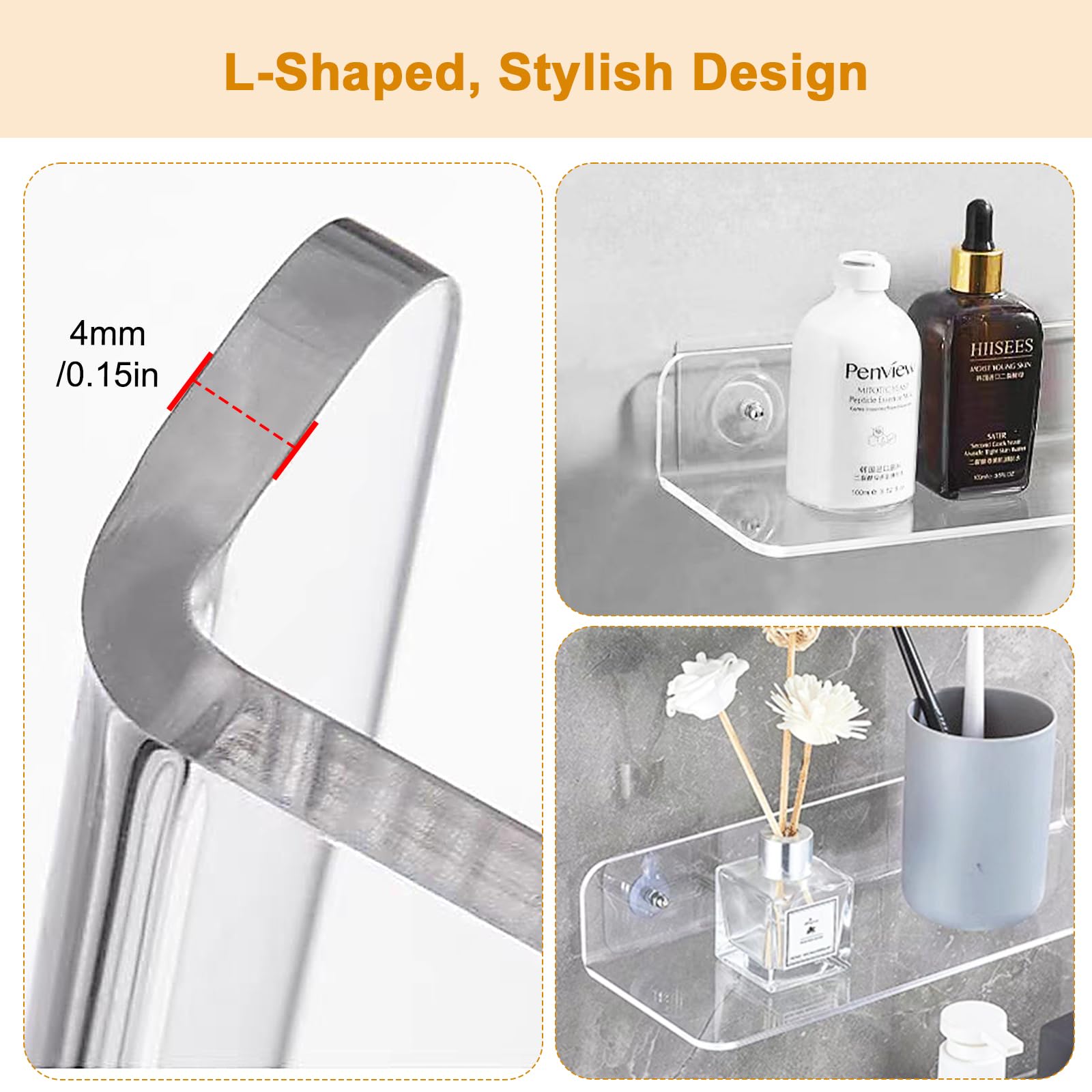 Lot de 2 Étagères Murale sans Percer, Etagere Adhesive Transparente en Acrylique, Etagere Murale sans Vis, Trou psansour Salle de Bain, Cuisine - 6