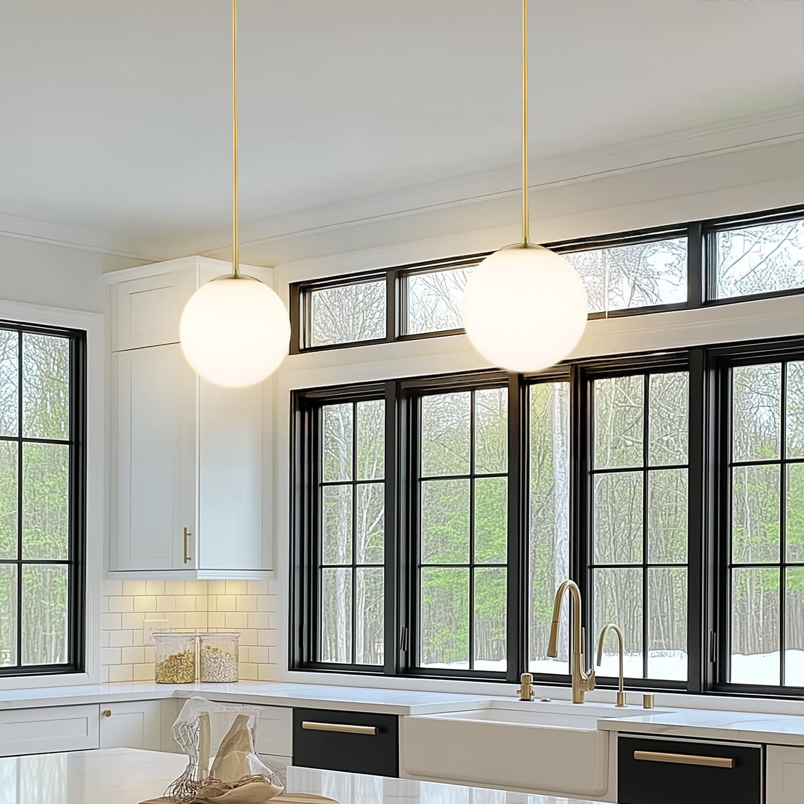 Żyrandol LED wysokiej klasy, lampa wisząca Mid-Century z żarówką i szklanym kloszem, regulowany pręt sufitowy, ciepłe światło 3000K (φ25 cm) - 4