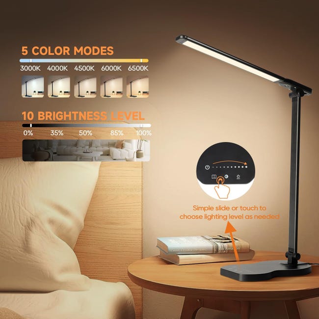 Lampada Da Scrivania A LED Con Doppio Braccio, 5 Colori E 10 Luminosità, Timer 45', Touch Control, Porta USB, Nero