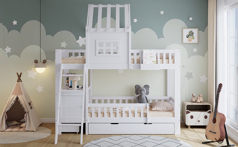 Letto a castello, letto per bambini, due cassetti con rotelle, tetto e finestra attraenti, bianco, 90x200cm - 9