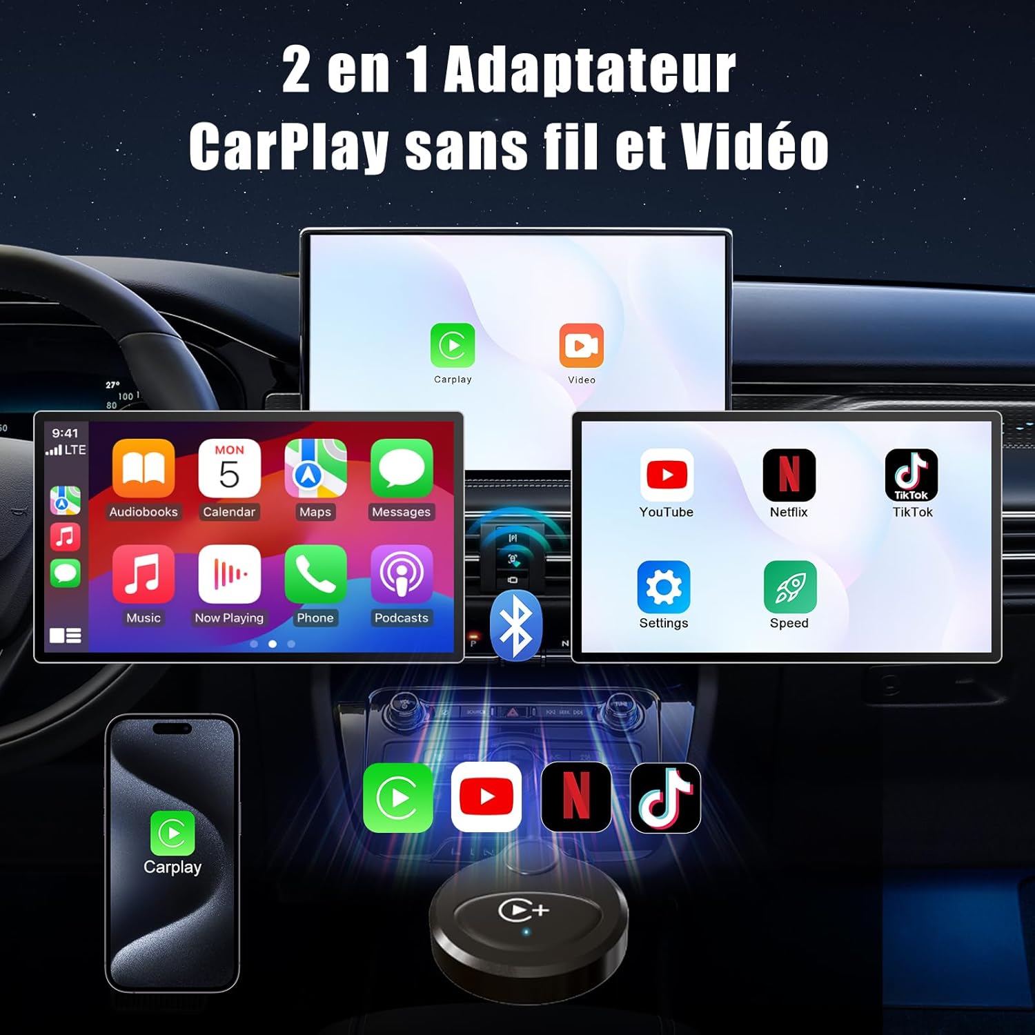 Adaptateur vidéo CarPlay sans fil, compatible Netflix, YouTube, TikTok, pour iPhone, filaire vers sans fil - 2