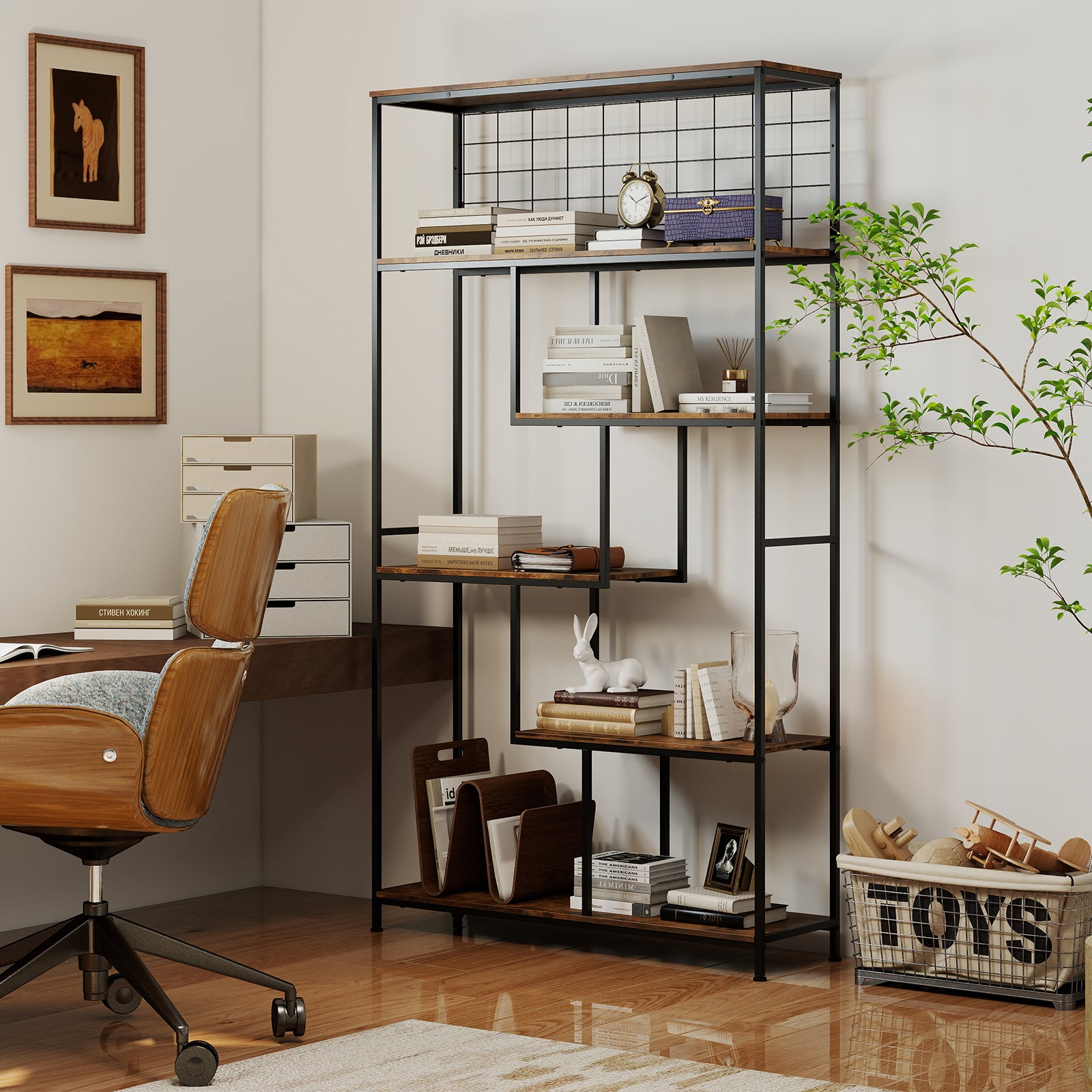 Support pour Plantes à 6 Niveaux, Bibliothèque Haute avec Filet en Métal, pour Salon Terrasse, 100 x 30 x 180 cm, Brun Rustique - 3