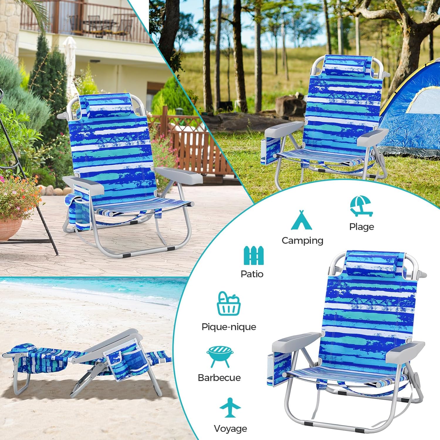 Cadeira de praia dobrável, porta-copos, porta-toalhas, almofada para a cabeça, carga máxima de 150 kg - 2