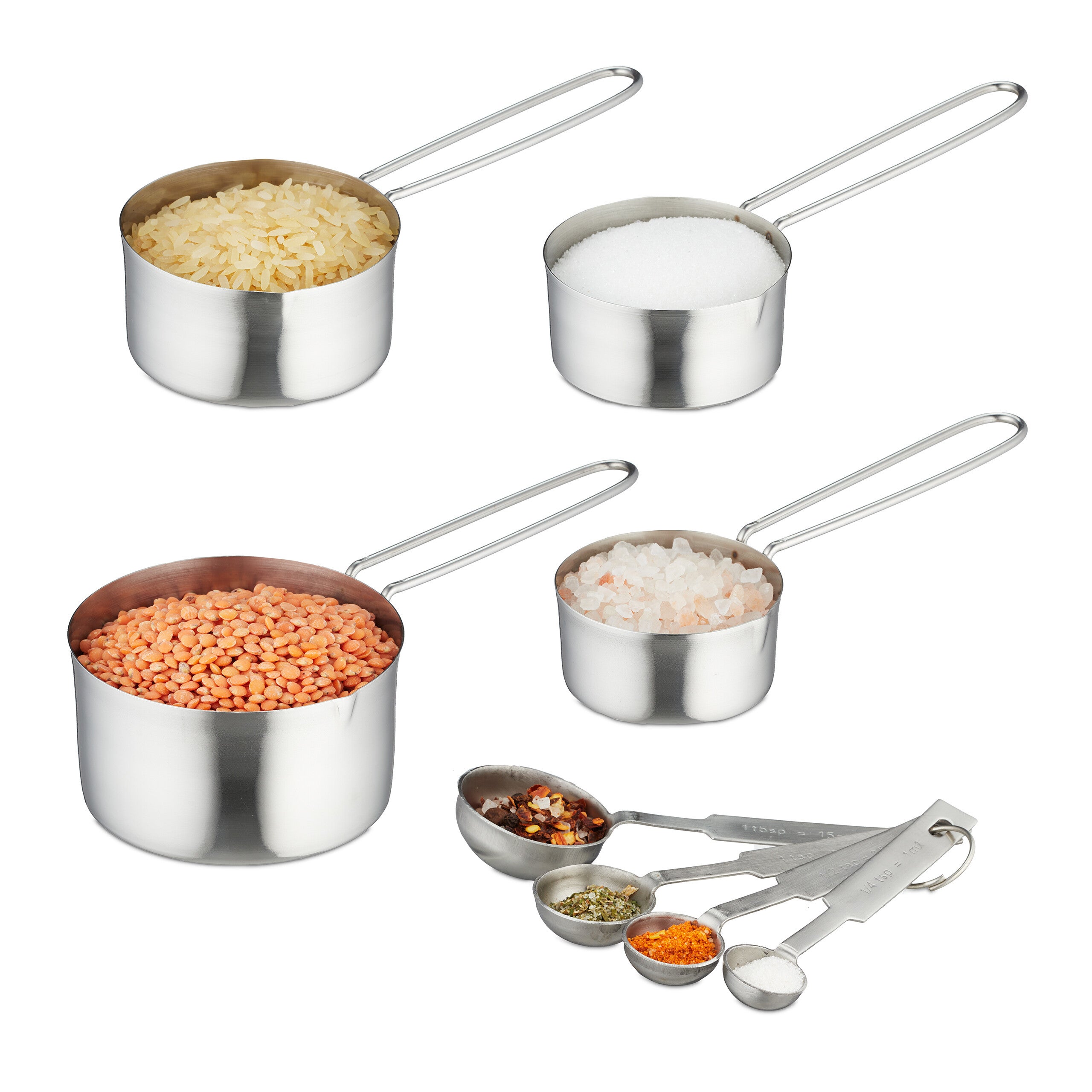 Set 8 Misurini E Cucchiai Da Cucina In Acciaio Inox – Manici Neri, Facili Da Pulire, UK