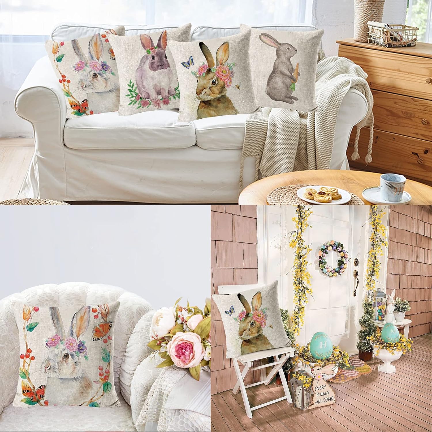 Lot de 4 housses de coussin de Pâques - 45 x 45 cm - Décoration En lin - Pour salon, canapé, bureau, voiture - 3