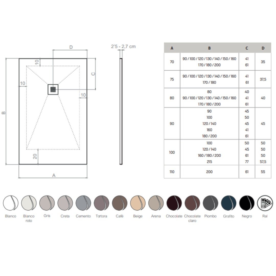 Receveur de douche en résine couleur ciment 70x160 cm avec grille et bonde - Showey - 5