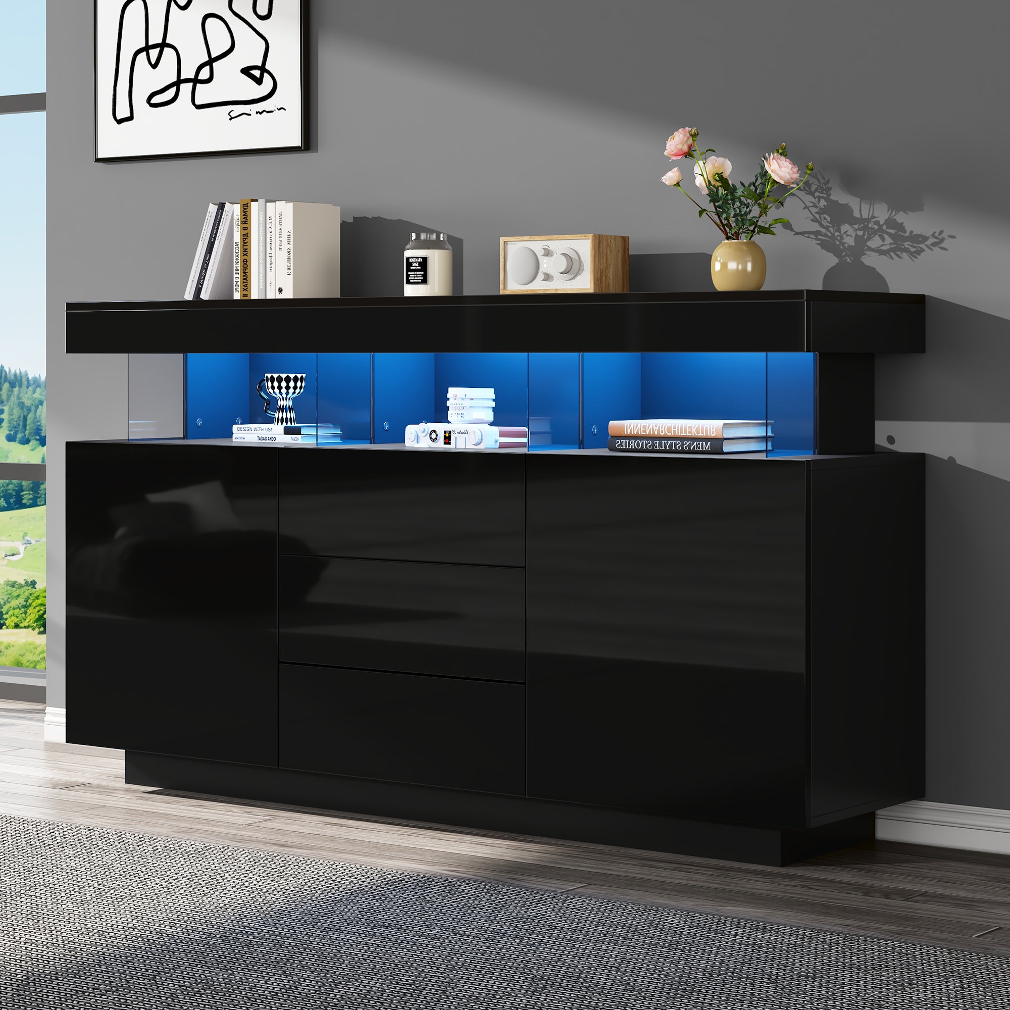 Nowoczesna komoda z 2 drzwiami, 3 szufladami i 3 otwartymi przegródkami - 140 x 35 x 80 cm - Diody LED - Płyta wiórowa - Czarny