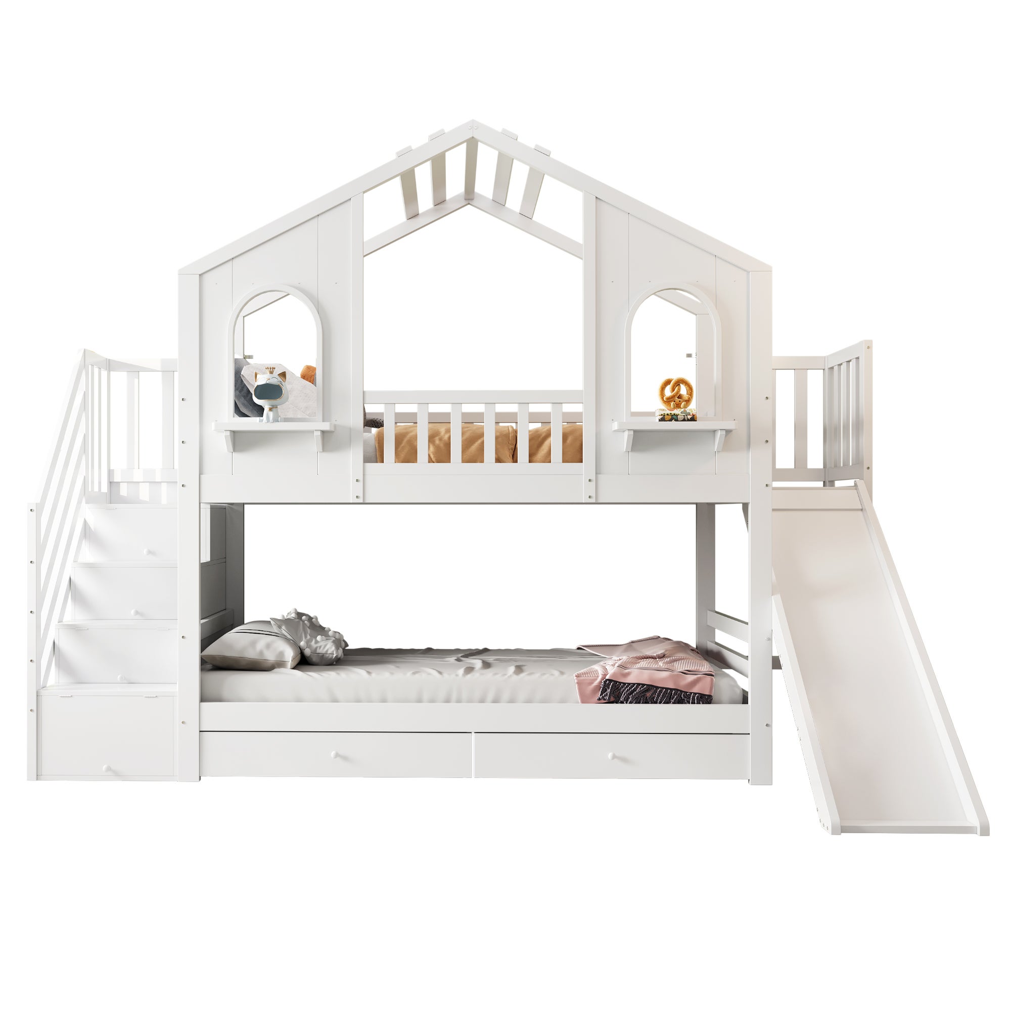 Łóżko piętrowe dziecięce 90x200 cm - Design domku - z drabinką schodkową + zjeżdżalnią - z 2 szufladami - biały (materac nie jest wliczony w cenę) - 6