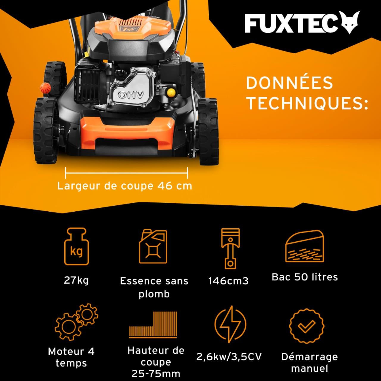 Tondeuse à Gazon Thermique FUXTEC 146 cm³ 46 cm – Poussée, Bac 50L – Modèle FX-RM4646ECO 3,5 CV - 3