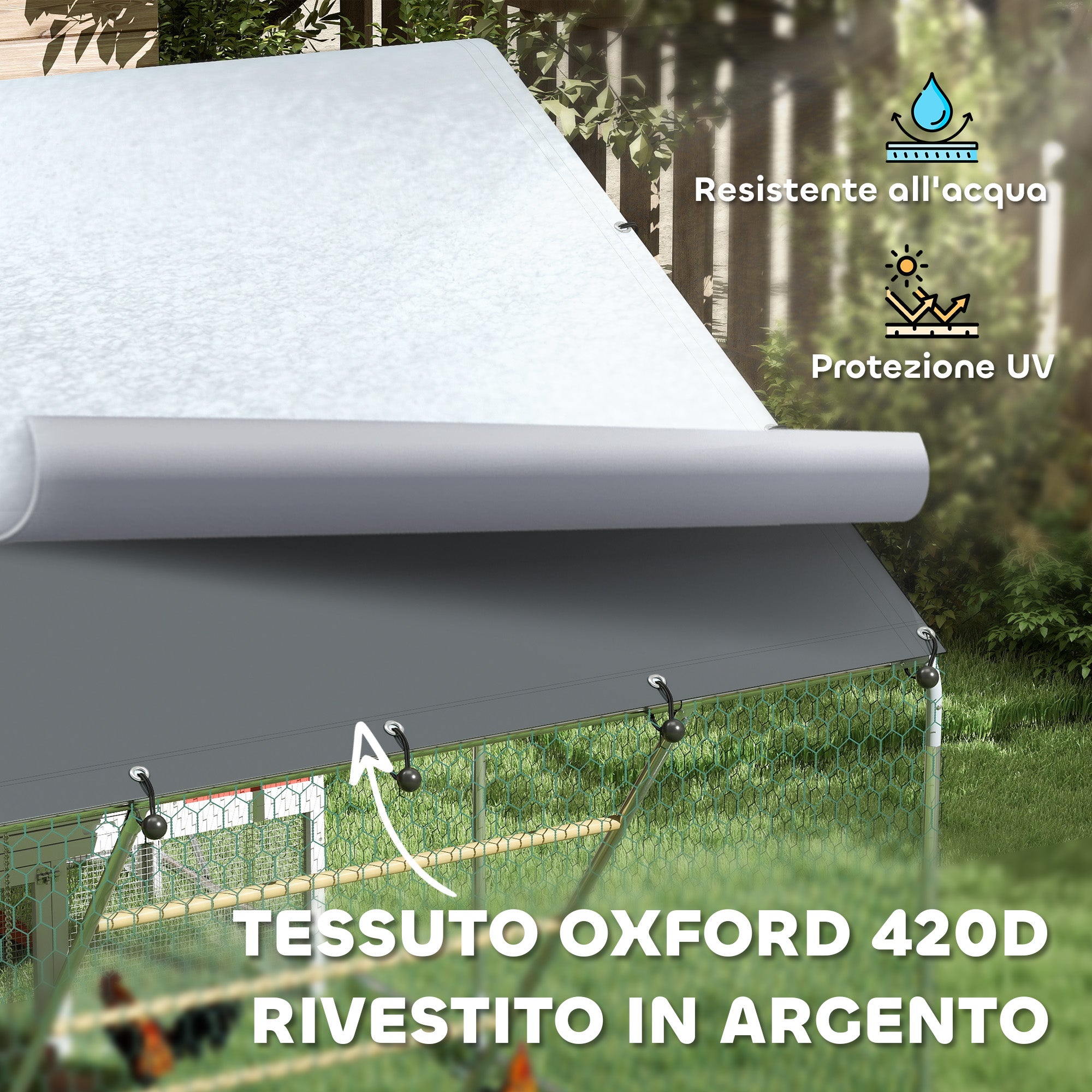 Recinto para galinhas com cobertura impermeável, porta de alimentação, comedouro suspenso e poleiro, para 6-8 aves de capoeira - 7