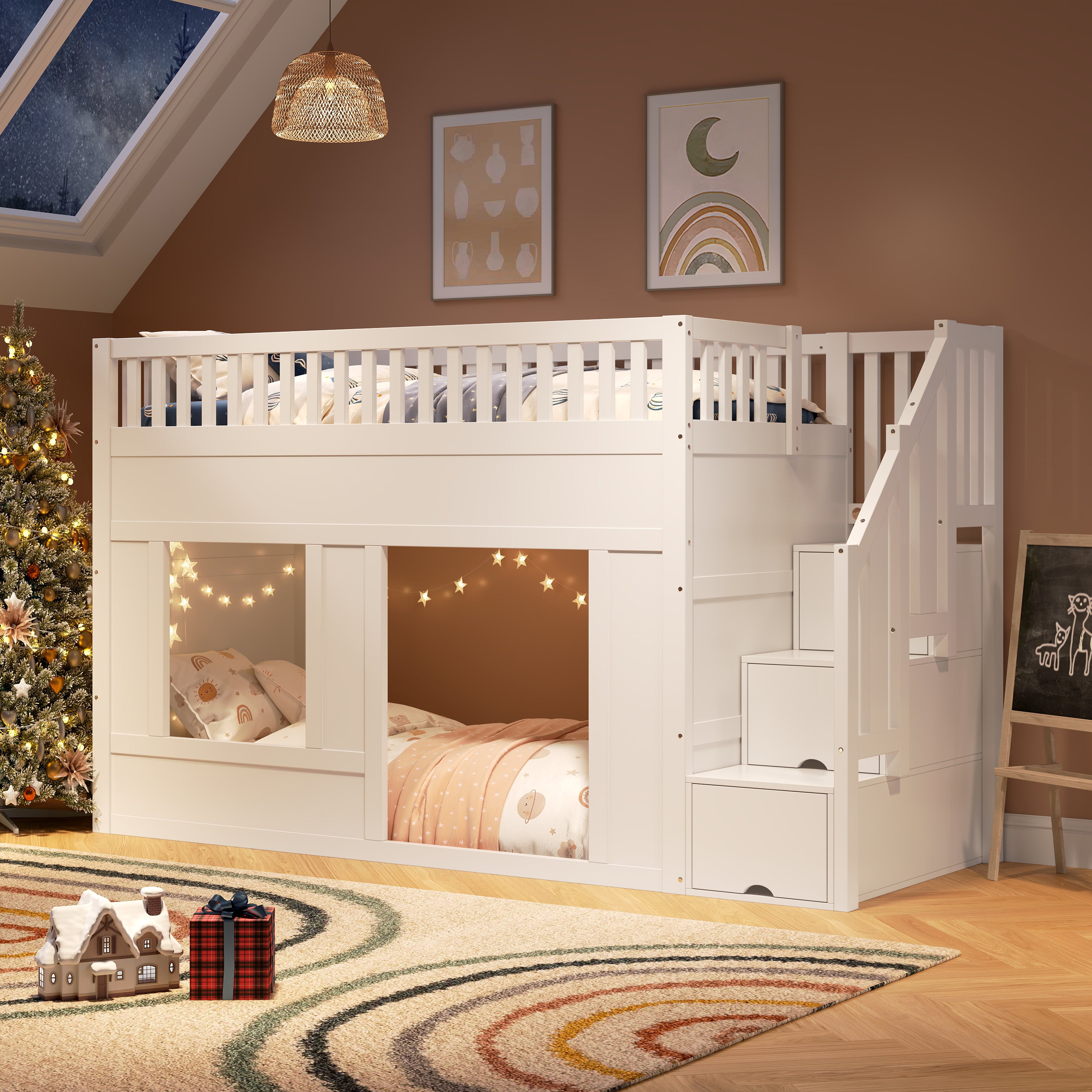 Łóżko piętrowe 90 x 200 cm ze schowkiem schodowym - Drewno lite + MDF - Diody LED - Białe (bez materaca)