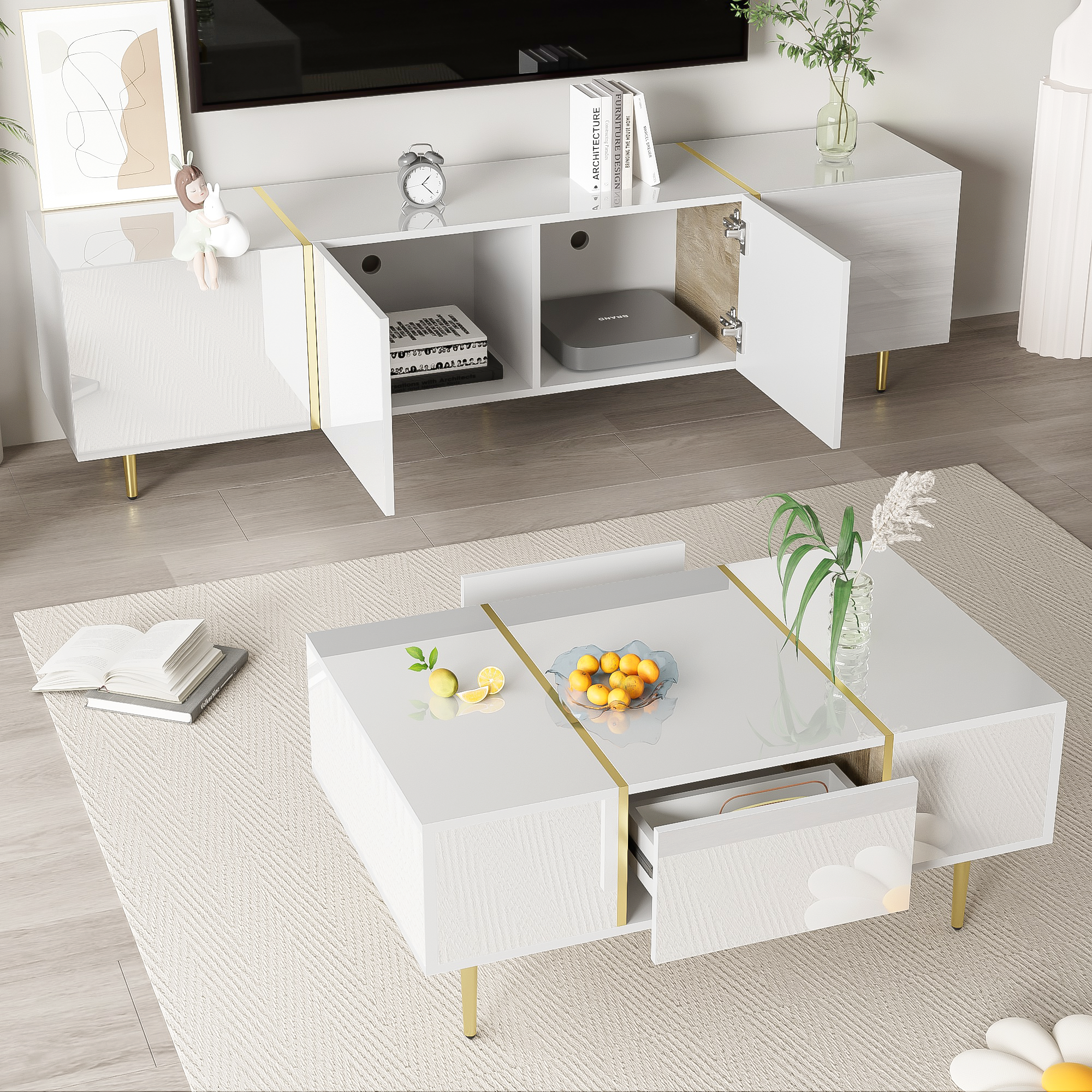 Nowoczesny zestaw stolika RTV i stolika kawowego - 170 x 35 x 46 cm + 100 x 60 x 41,5 cm - drewno MDF i złote nogi - połyskująca biel