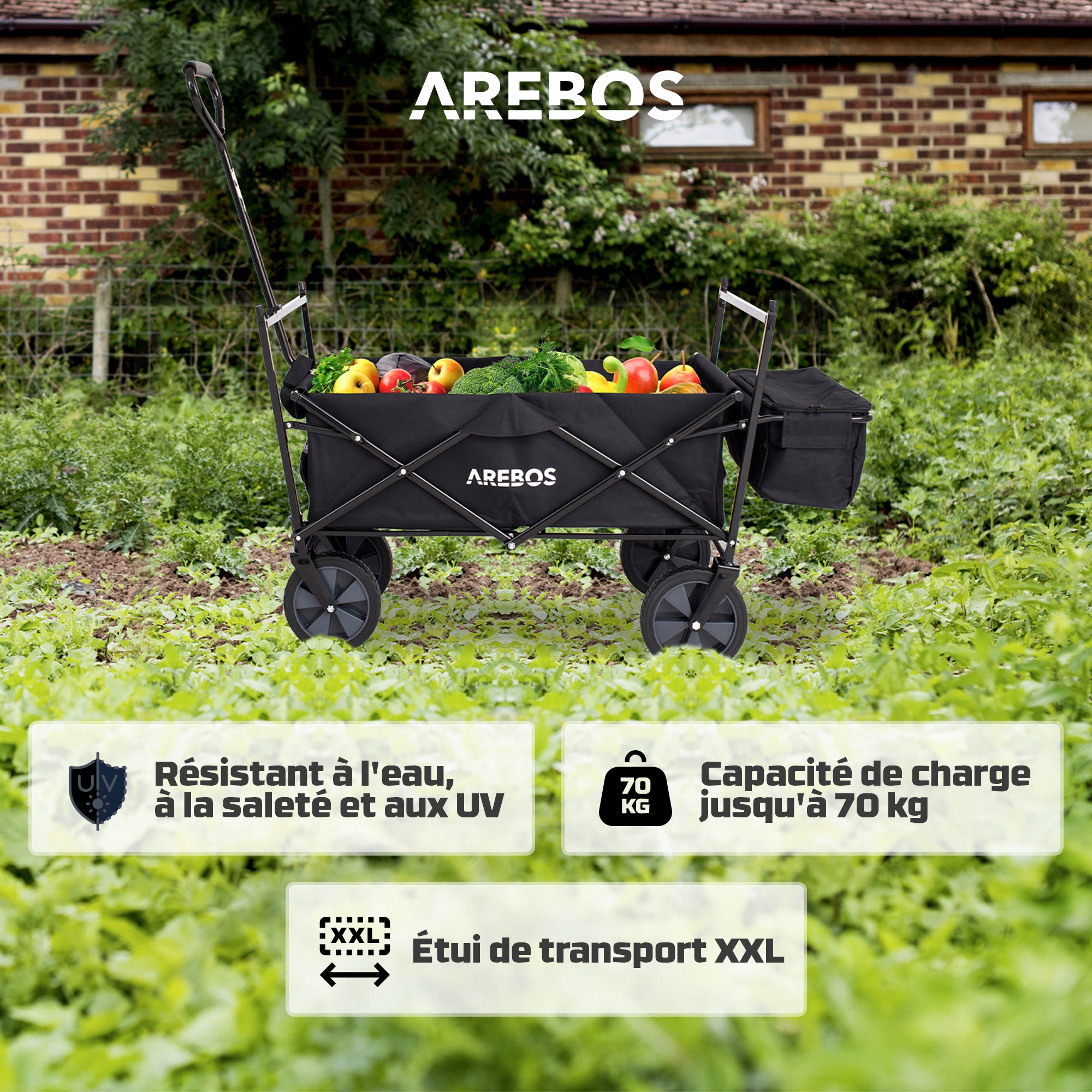AREBOS Chariot de transport pliable avec toit UV, sac XXL, roues 360°, capacité 70 kg – idéal pour excursions, plage, jardin et loisirs - 4