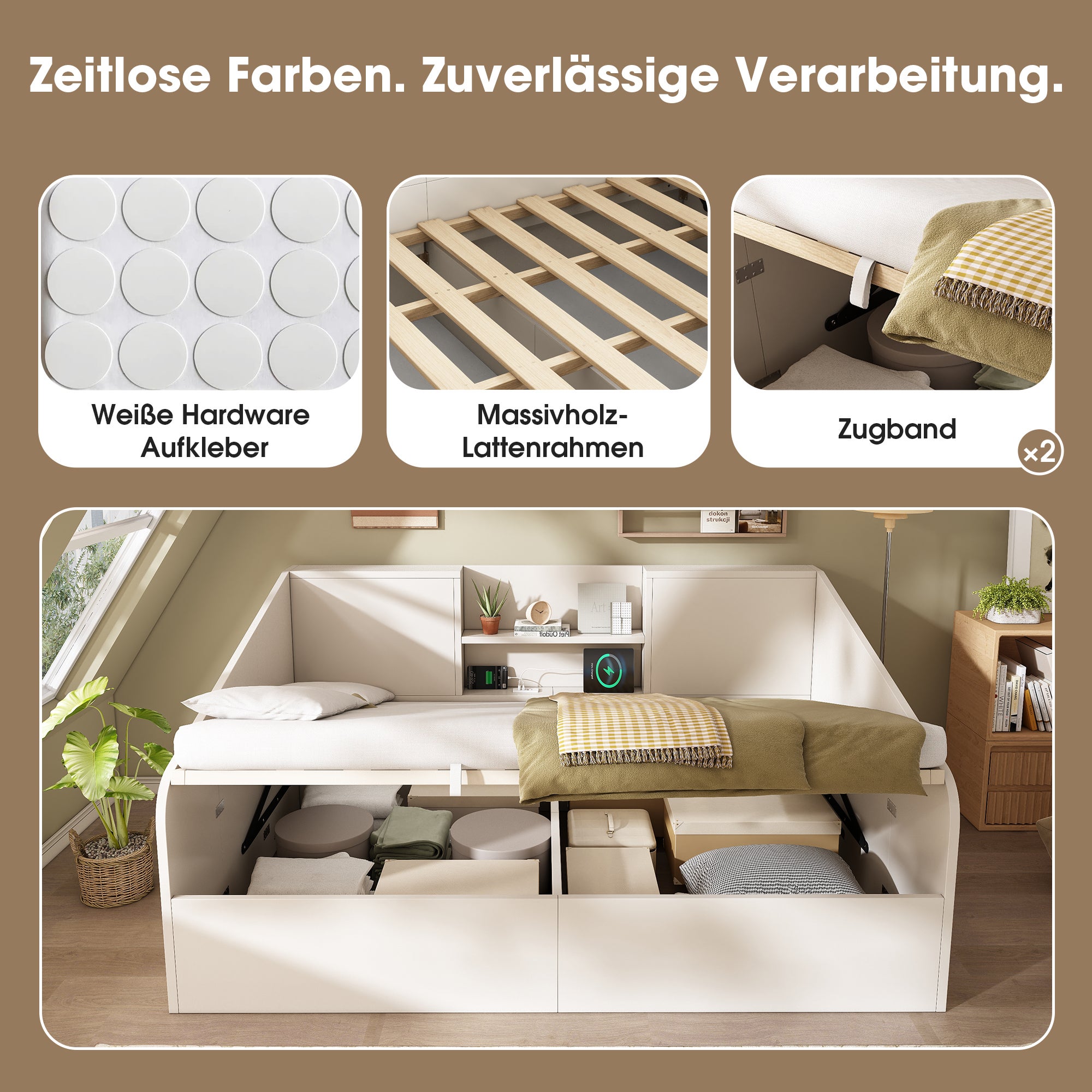 Łóżko z pojemnikiem 140 x 190 cm i 2 półkami – sosna + płyta wiórowa – porty ładowania USB/typu C – białe (materac nie jest dołączony) - 3