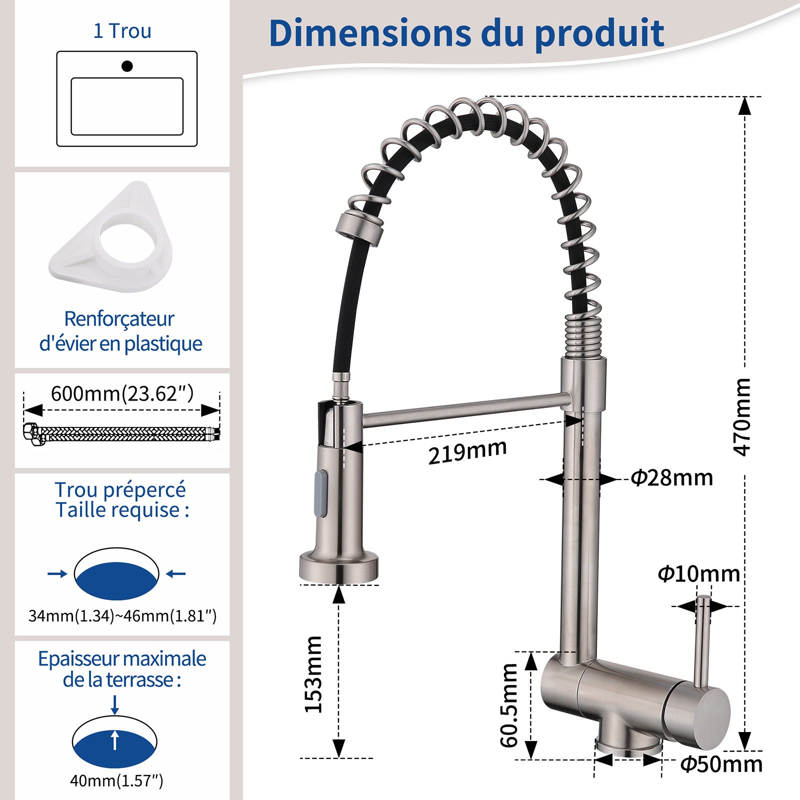 Mitigeur de Cuisine brossé pliable à ressort avec douchette 2 Jets, Robinet Cuisine d'Evier Rabattable Rotatif à 360° en Inox 304 - 8