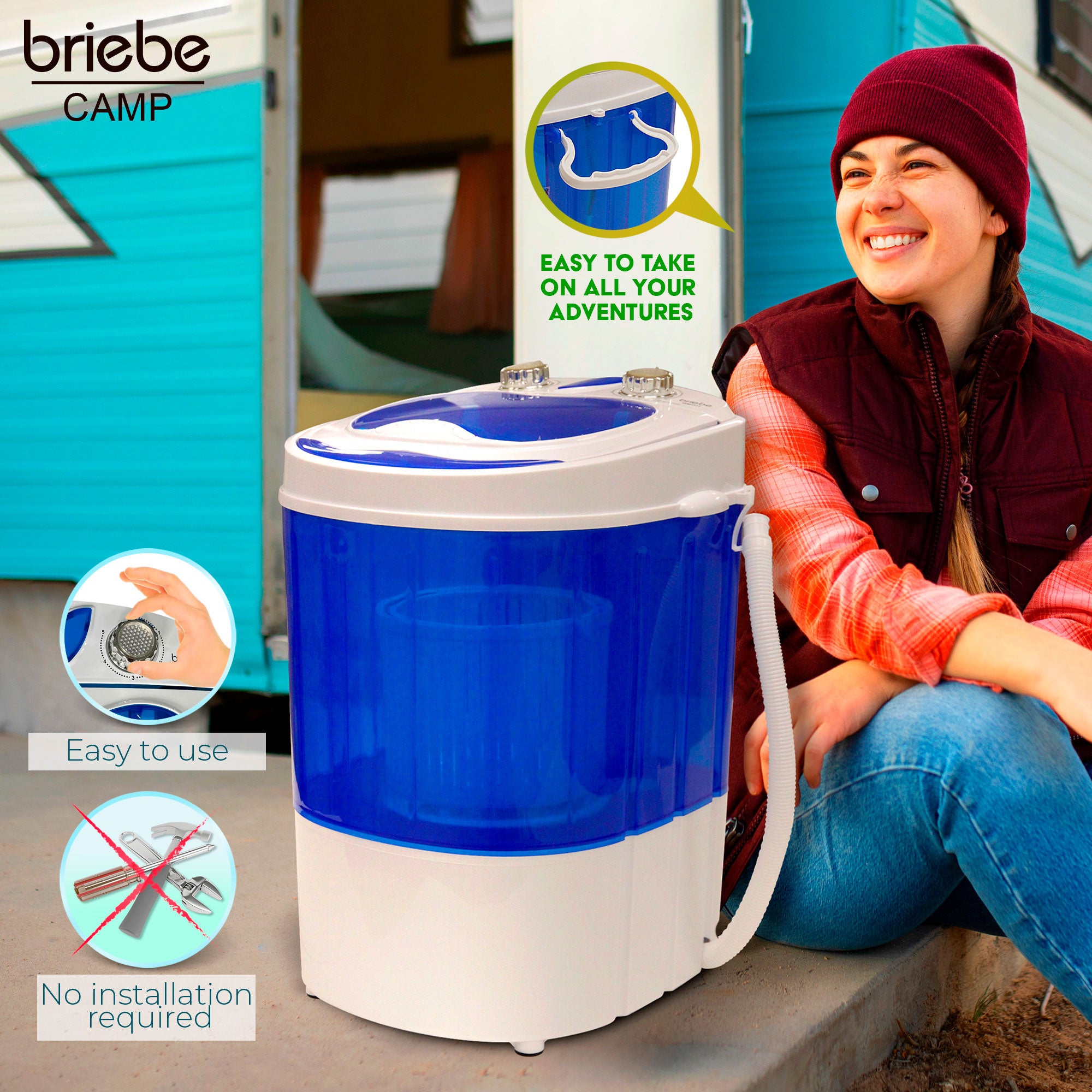Mini Máquina de Lavar Roupa Portátil com Centrifugadora, Ideal para Campismo Capacidade 3Kg Briebe Branco azul WM1111 150 W - 4
