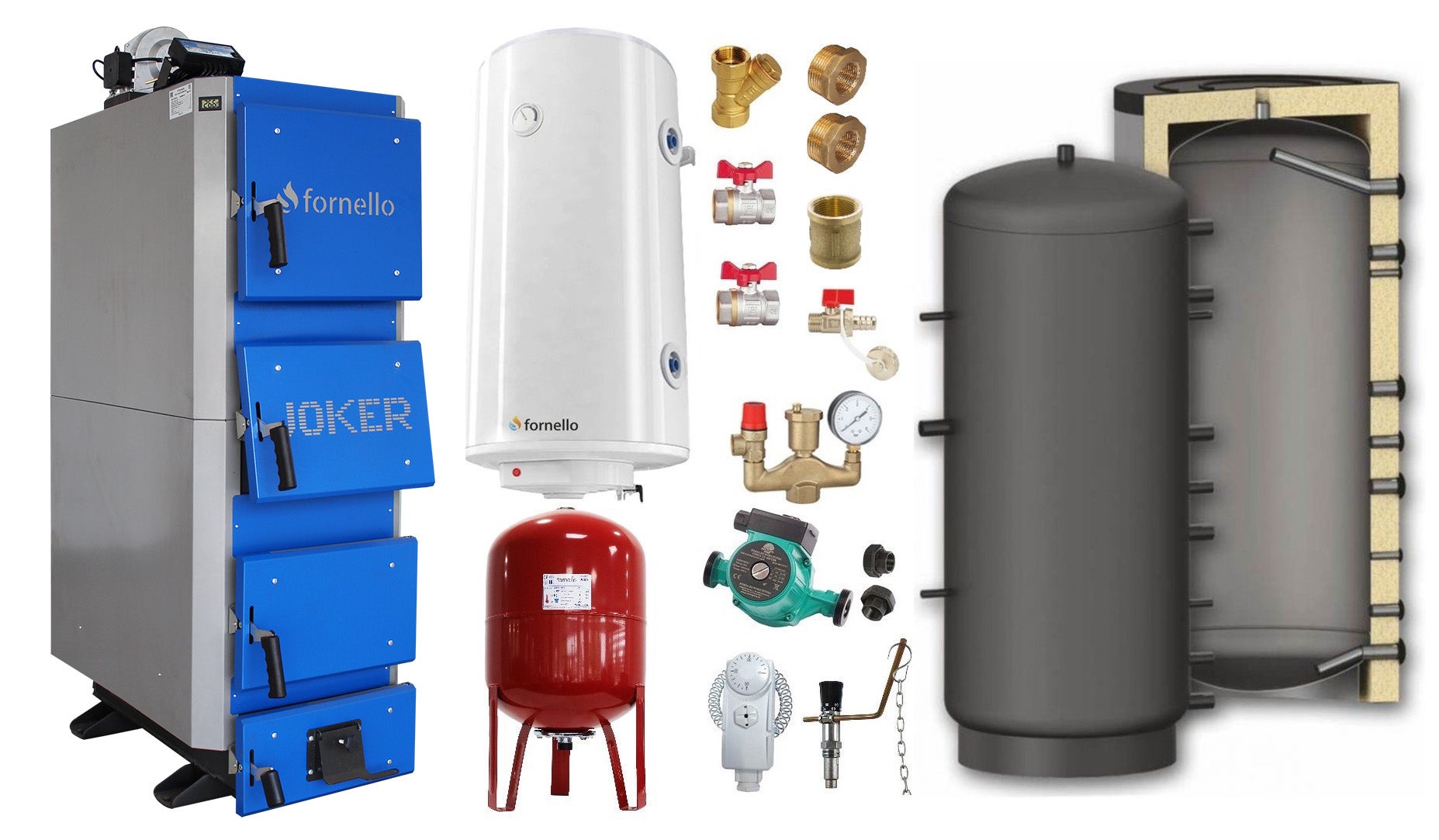 Pachet Cazan (centrala) pe combustibil solid, (lemn, carbune), Fornello Joker 42 kW, Puffer 1000 litri, Boiler, Vas Expansiune, Pompa, Fitinguri Monta