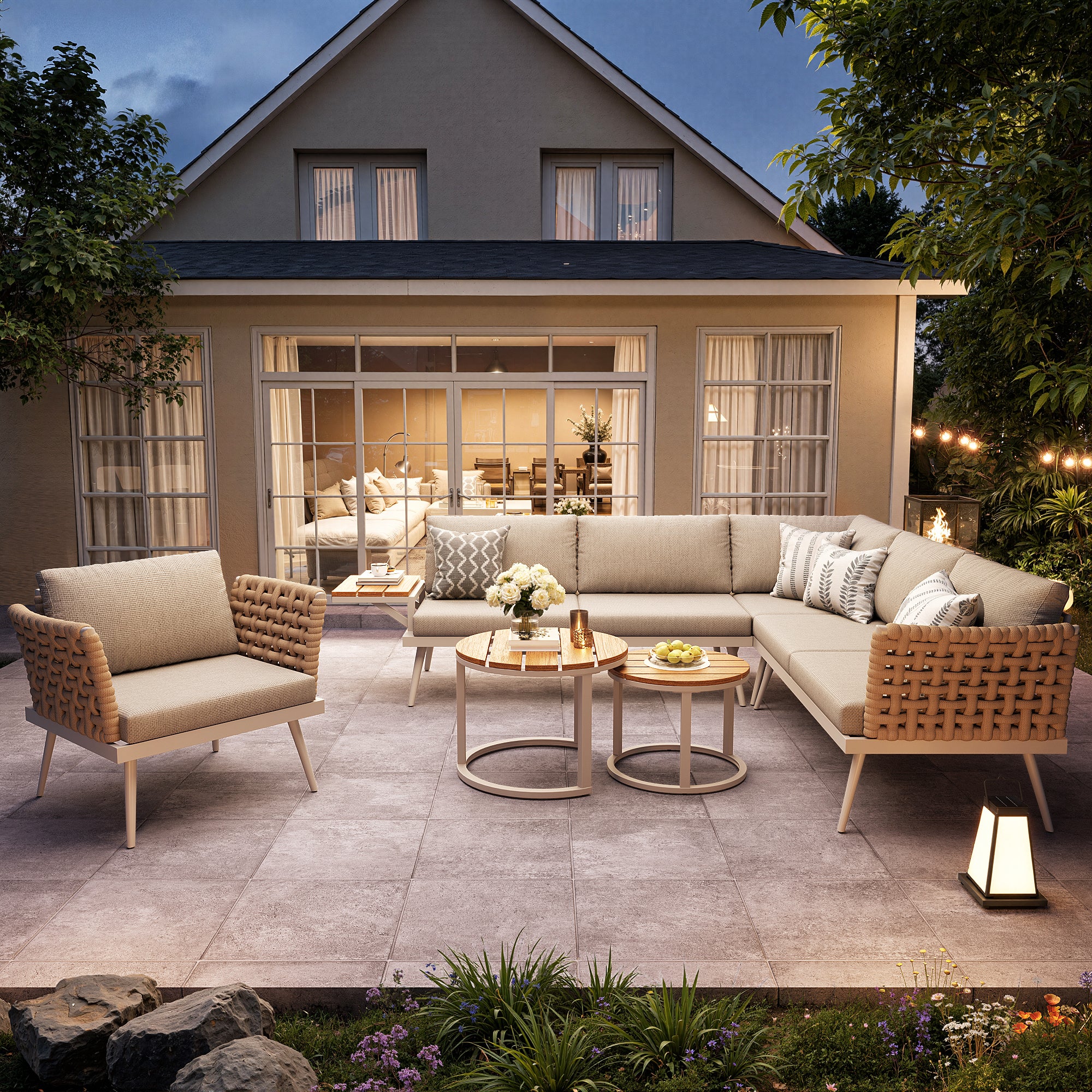 Salon de Jardin Exterieur pour 6 places,avec 2 tables basses en bois,Canapé d'angle extérieur en forme de L,avec coussin,Main courante tressée, Beige - 3