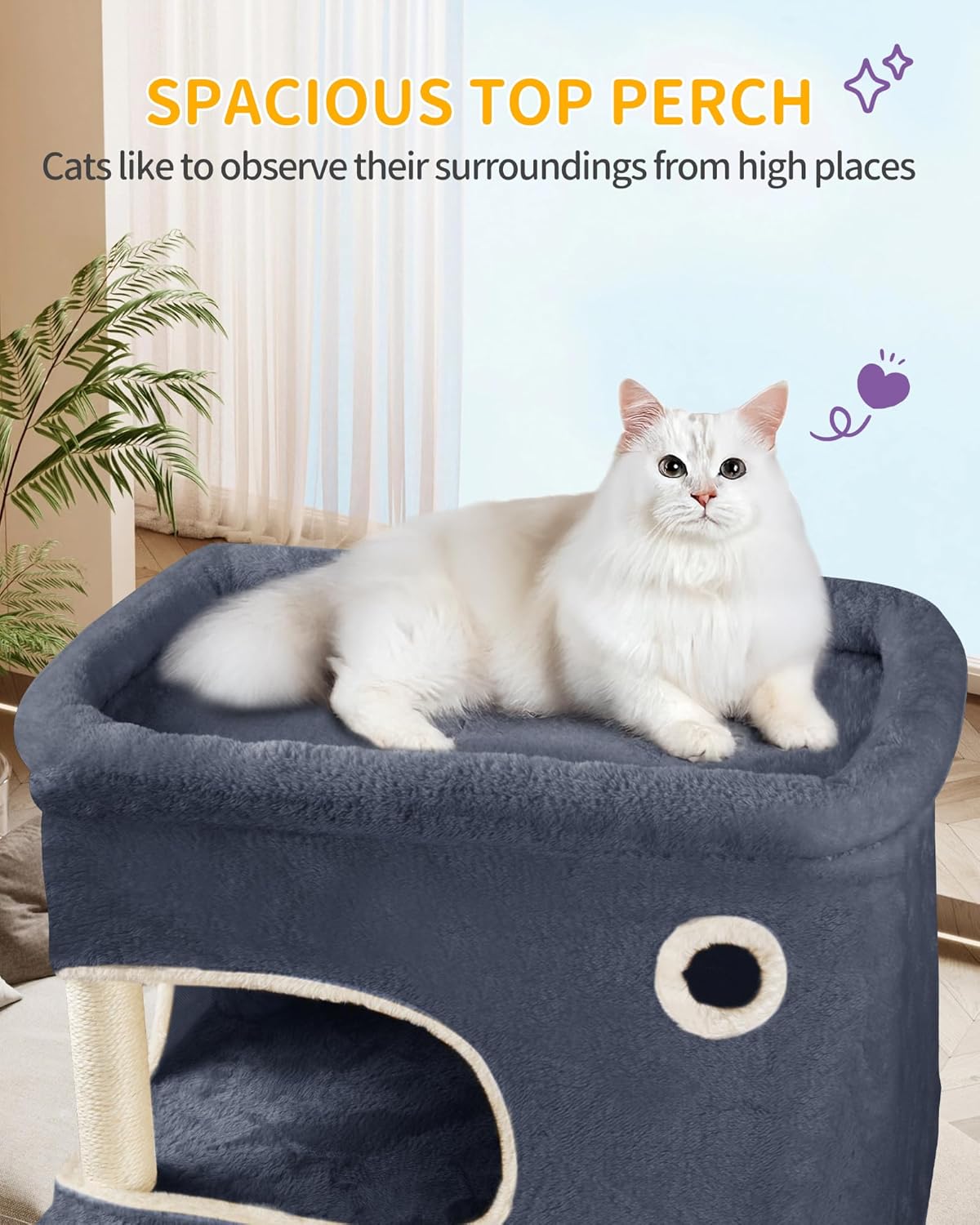 Árvore para Gatos, 203cm, Multicamadas, com Plataforma Grande, 2 Tocas, 7 Postes em Sisal, Pompons, Cesto, Rede, Cinza Escuro - 7