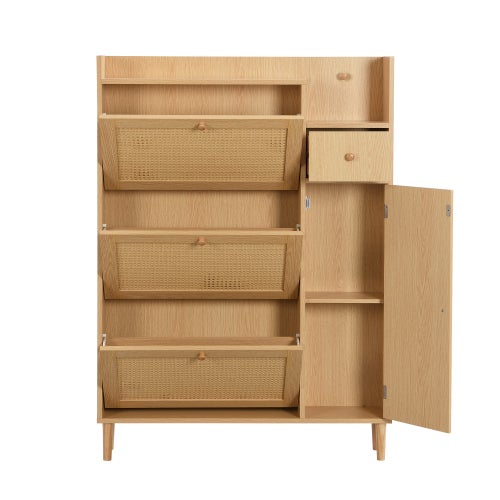 Meuble à chaussures en bois et rotin - 3 portes basculantes et 1 tiroir, naturel - 5