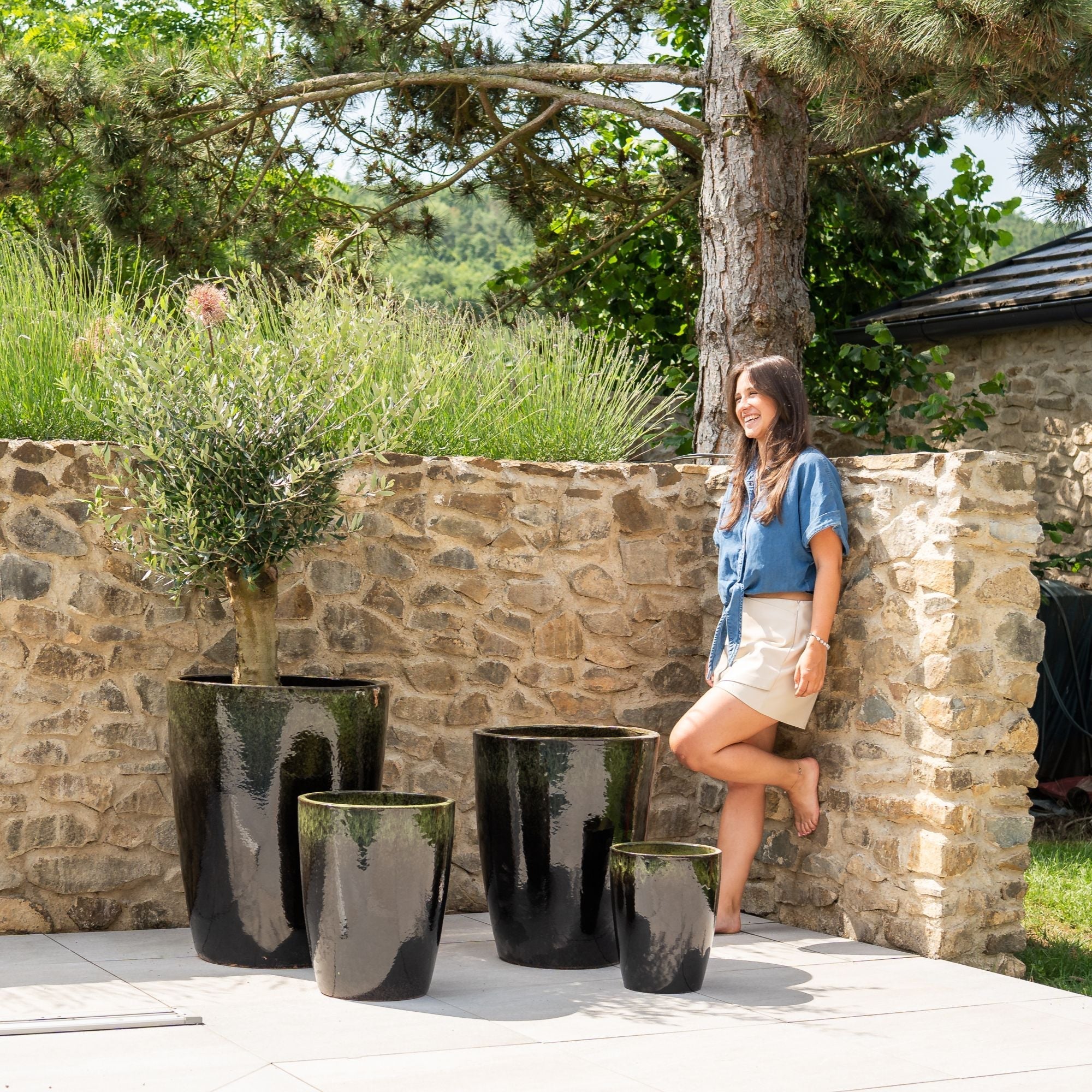 Pot grande taille d'extérieur MAZARIN 27x34cm noir & vert, fait main en terre cuite émaillée, résistant au gel - 2