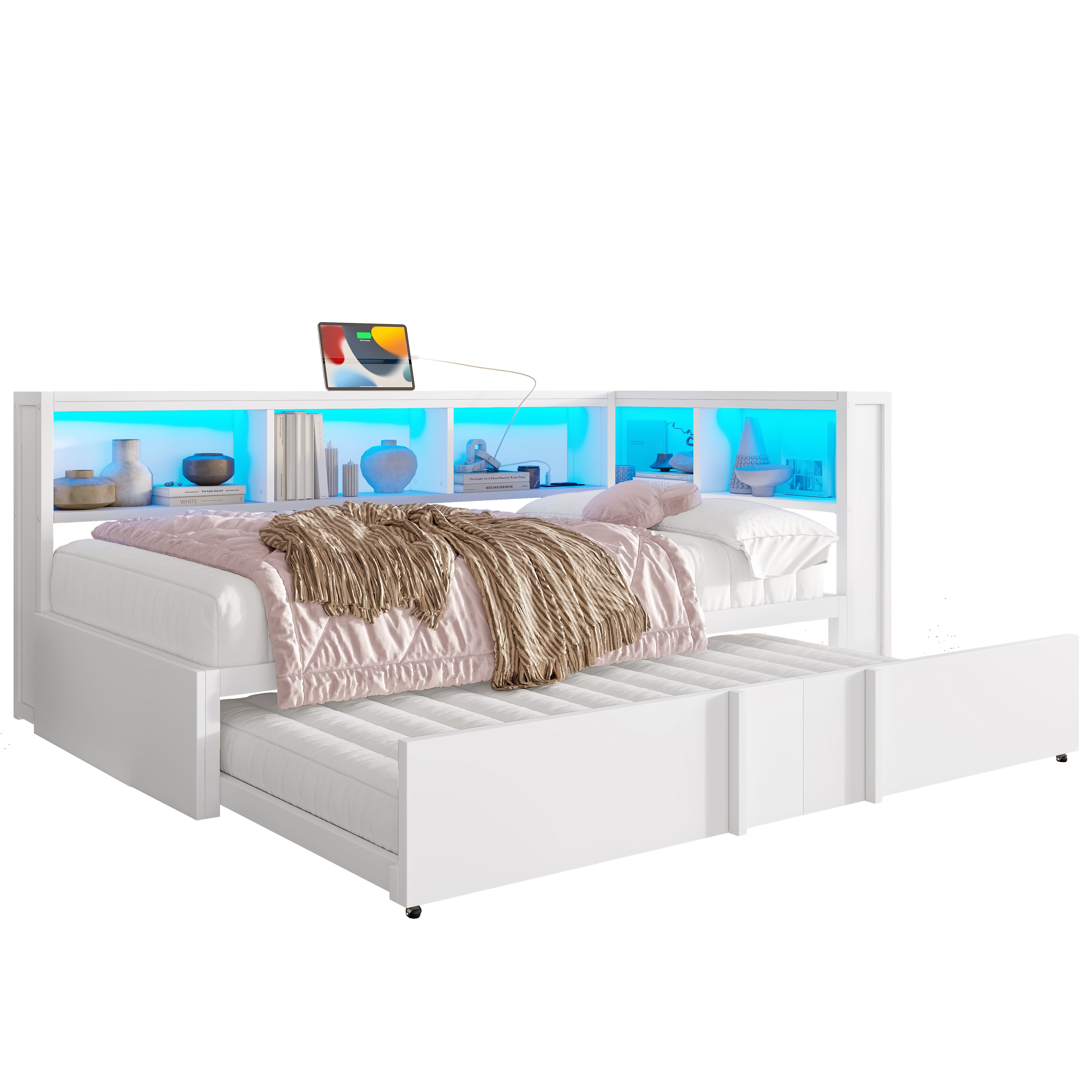 Rozkładana sofa 90x200cm - Z wysuwanym łóżkiem - z schowkiem - z LED i portem USB - Biały (bez materaca) - 6
