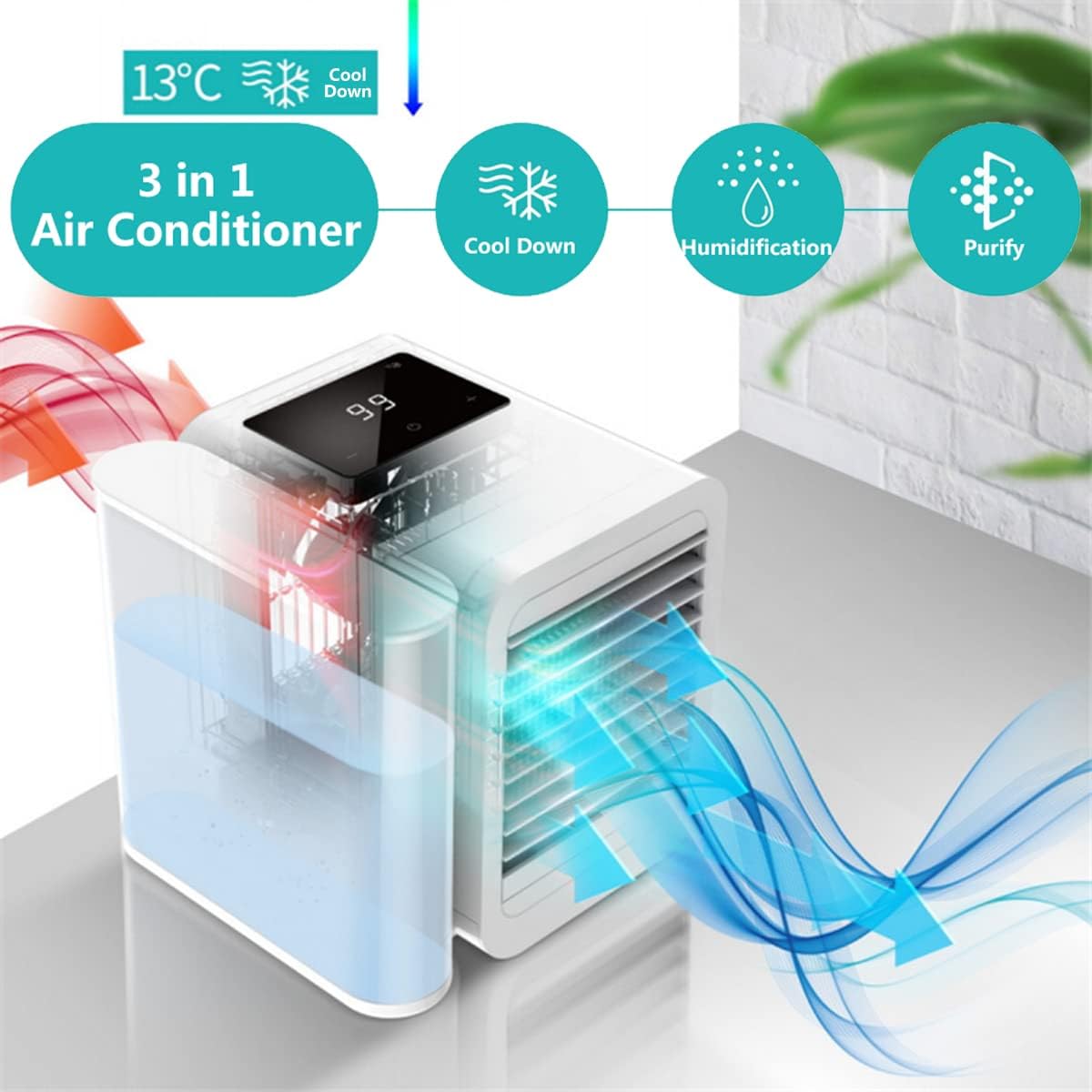 NICOLA Mini Ar Condicionado Portátil 3 em 1, Refrigerador Evaporativo, Humidificador e Purificador, Depósito 1000 ml, Ventoinha USB de Mesa - 3