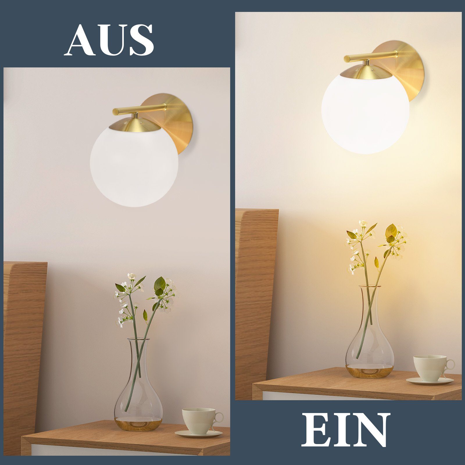 NETTLIFE candeeiro de parede para quarto interior, corredor, bola de vidro dourada, vintage e27, candeeiro de cabeceira em metal - 5