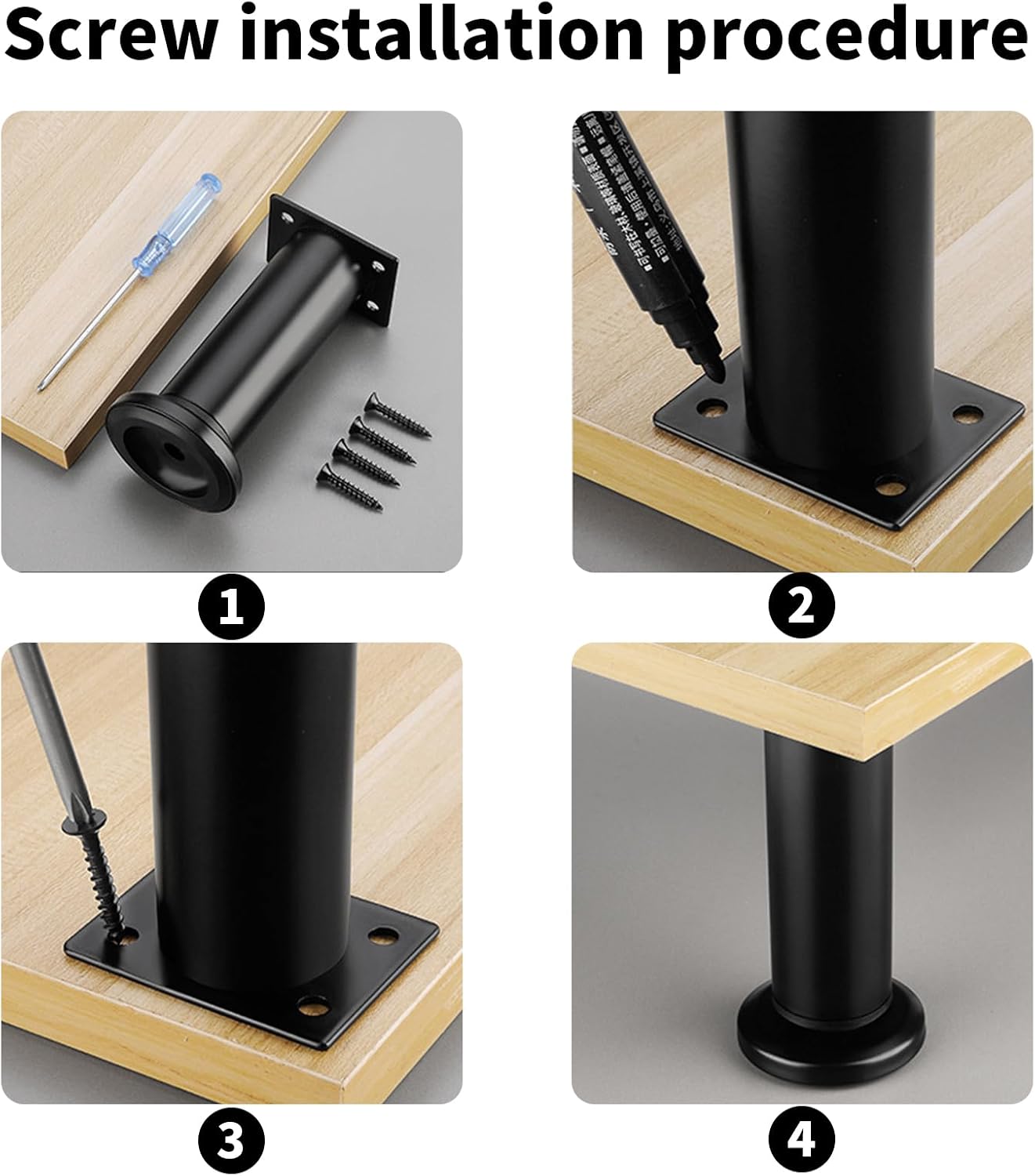 4 pcs Pied Reglable pour Meuble, 25-42 cm Adjustable Pieds de Lit, Steel Pied Meuble Salle de Bain,Rubber Base and Fittings, Noir - 2