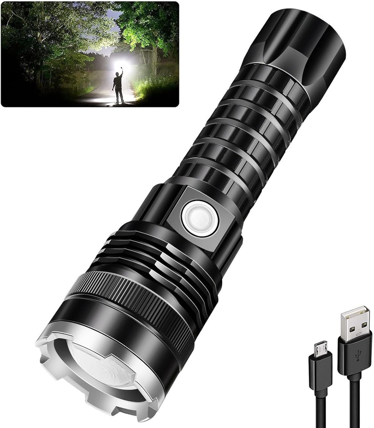 Potente linterna LED táctica, recargable por USB, resistente al agua, 5 modos de funcionamiento, adecuada para senderismo y acampada.