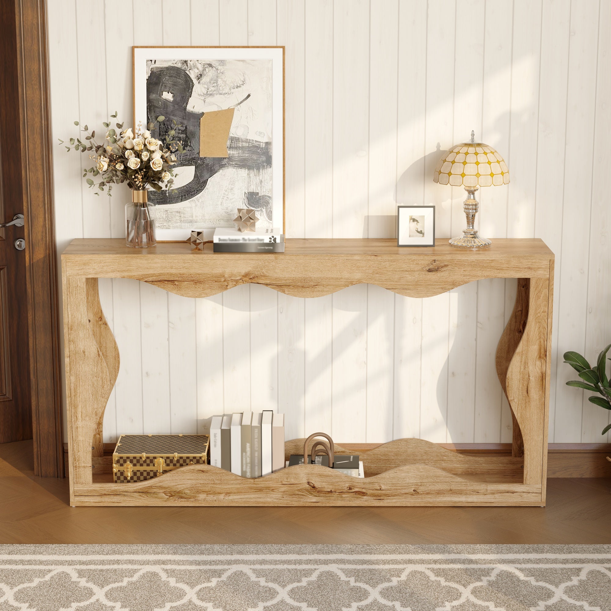 Table console à 2 niveaux avec design ondulé - 160,5 x 30 x 86,5 cm - Panneaux de particules - Structure ajourée effet bois - Naturel - 6