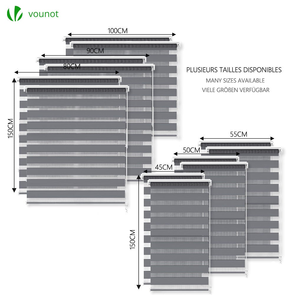 Lot de 2 Stores enrouleur jour/nuit gris - 90x150cm - sans perçage ou avec - VOUNOT® - 6