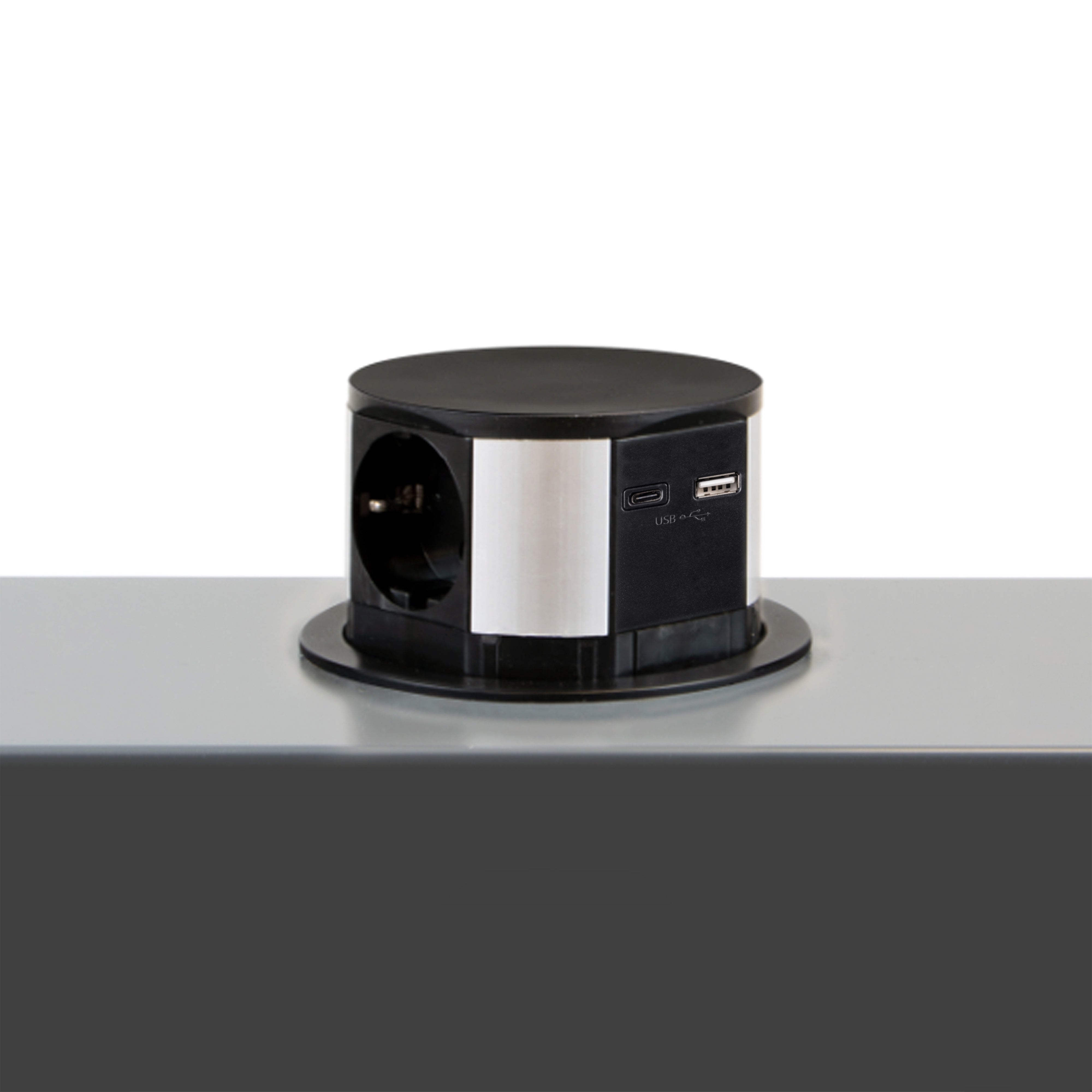 Emuca Multiconector Vertikal Push diâmetro 100mm, 3 fichas tipo Schuko, 1 USB tipo A, 1 USB tipo C, Aço e Plástico, Pintado preto - 2