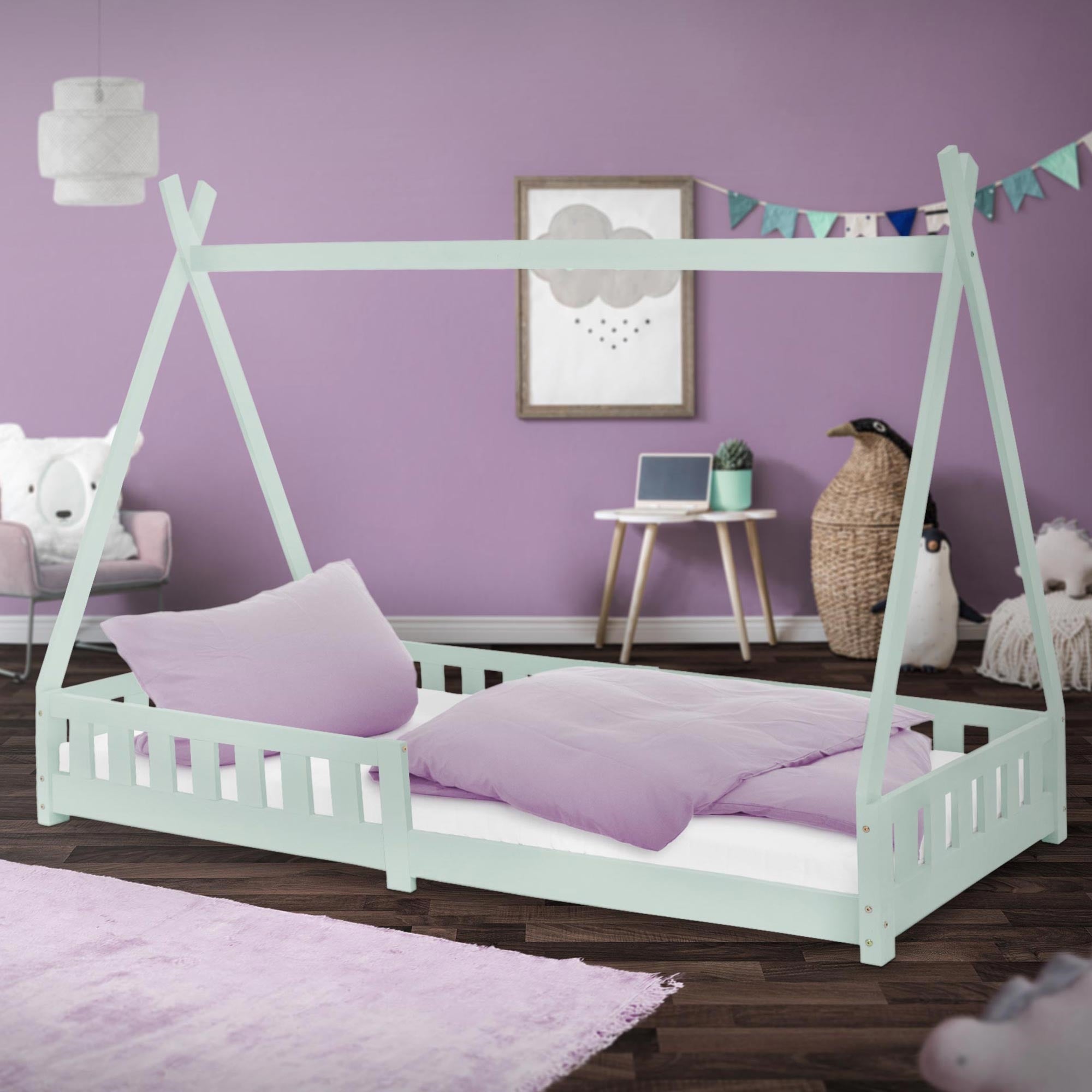 ML-Design łóżko tipi 90x200 cm miętowo-zielone pat indian z barierką i stelażem z listew wykonane z litego drewna sosnowego dla dziewczynek i chłopców