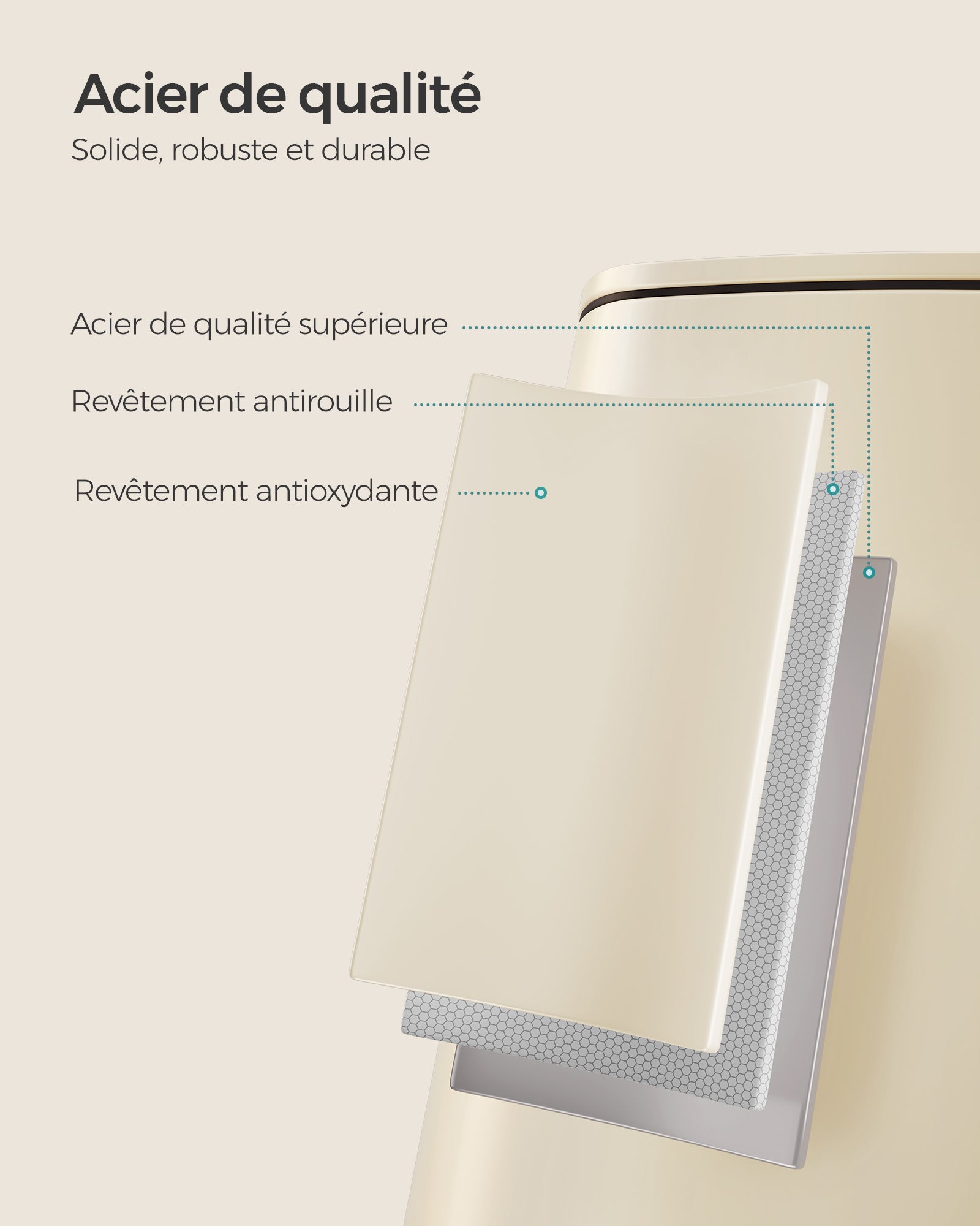 Poubelle de Cuisine, Poubelle 30 L, Poubelle à Pédale en Acier, avec Seau Intérieur, Fermeture Douce et Maintien en Ouverture, Beige Sable - 4