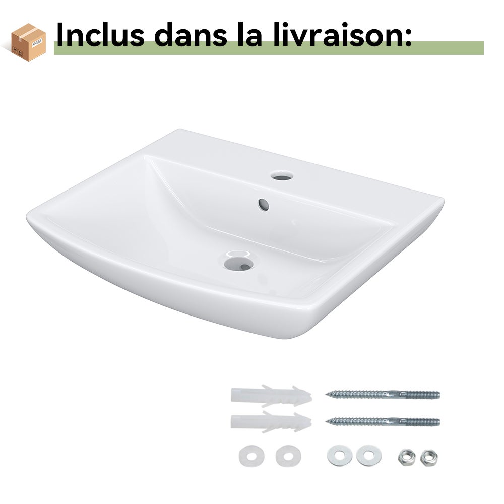Lavabo en céramique, 1 trou pour robinet, avec trop-plein, pour petits invités, WC, petit lavabo, en céramique, blanc, 48 x 42 cm HOROW - 7
