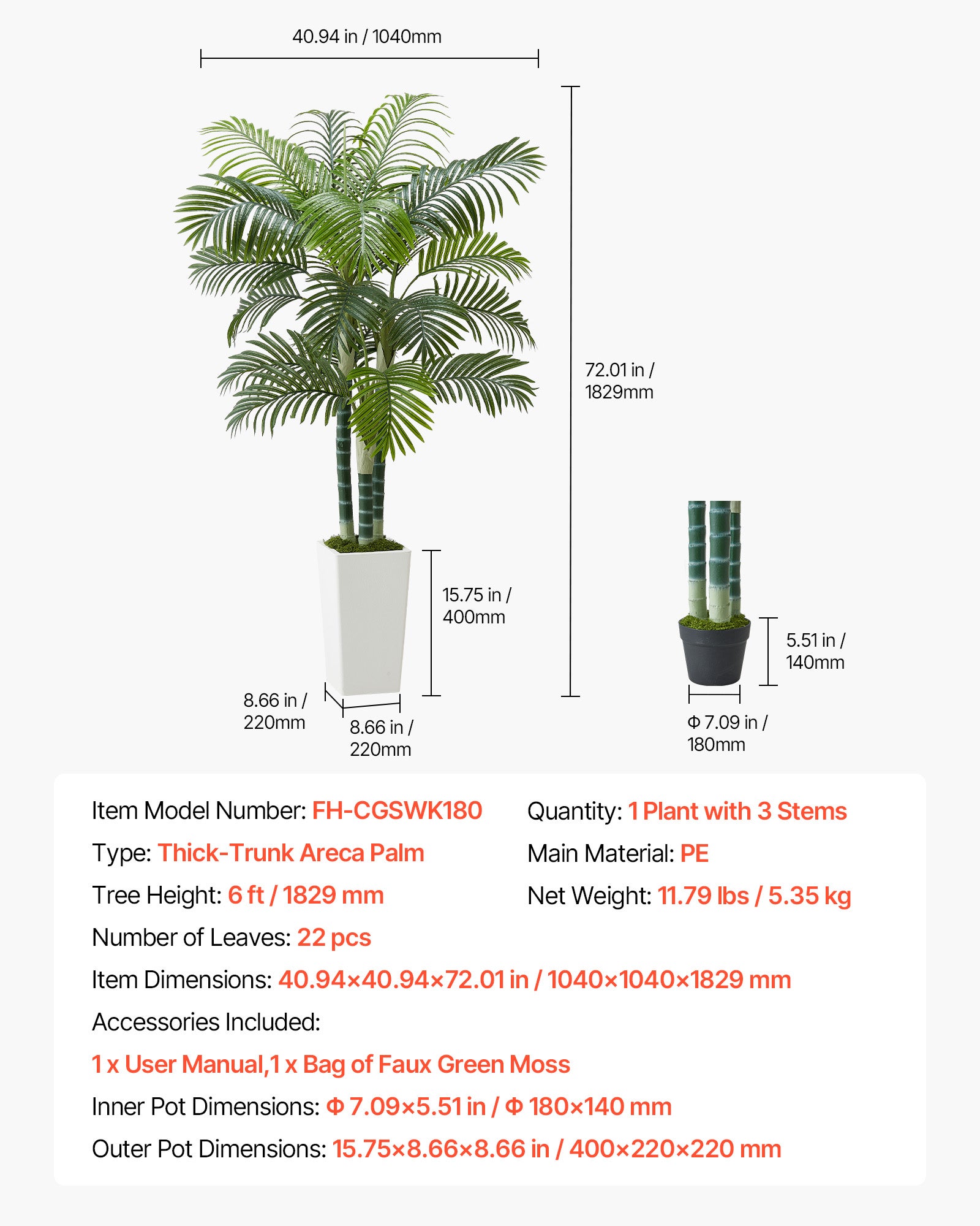 Palmeira artificial VEVOR, 1,8 m, planta tropical em vaso branco, tronco grosso, decoração interior e exterior, escritório, árvore falsa - 7